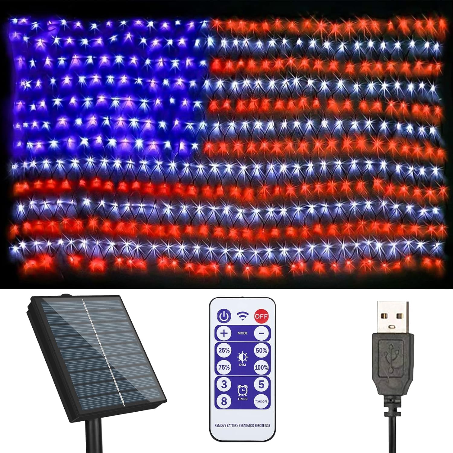 MZD8391 Solar American US Flag Lights [Solar & USB 2 Power Way], 420 LEDs Waterproof USA Flag Net Lights, 6.75 FT x 3.53 FT Solar Lights for Garden, 4th of July, Independence Day Decoration