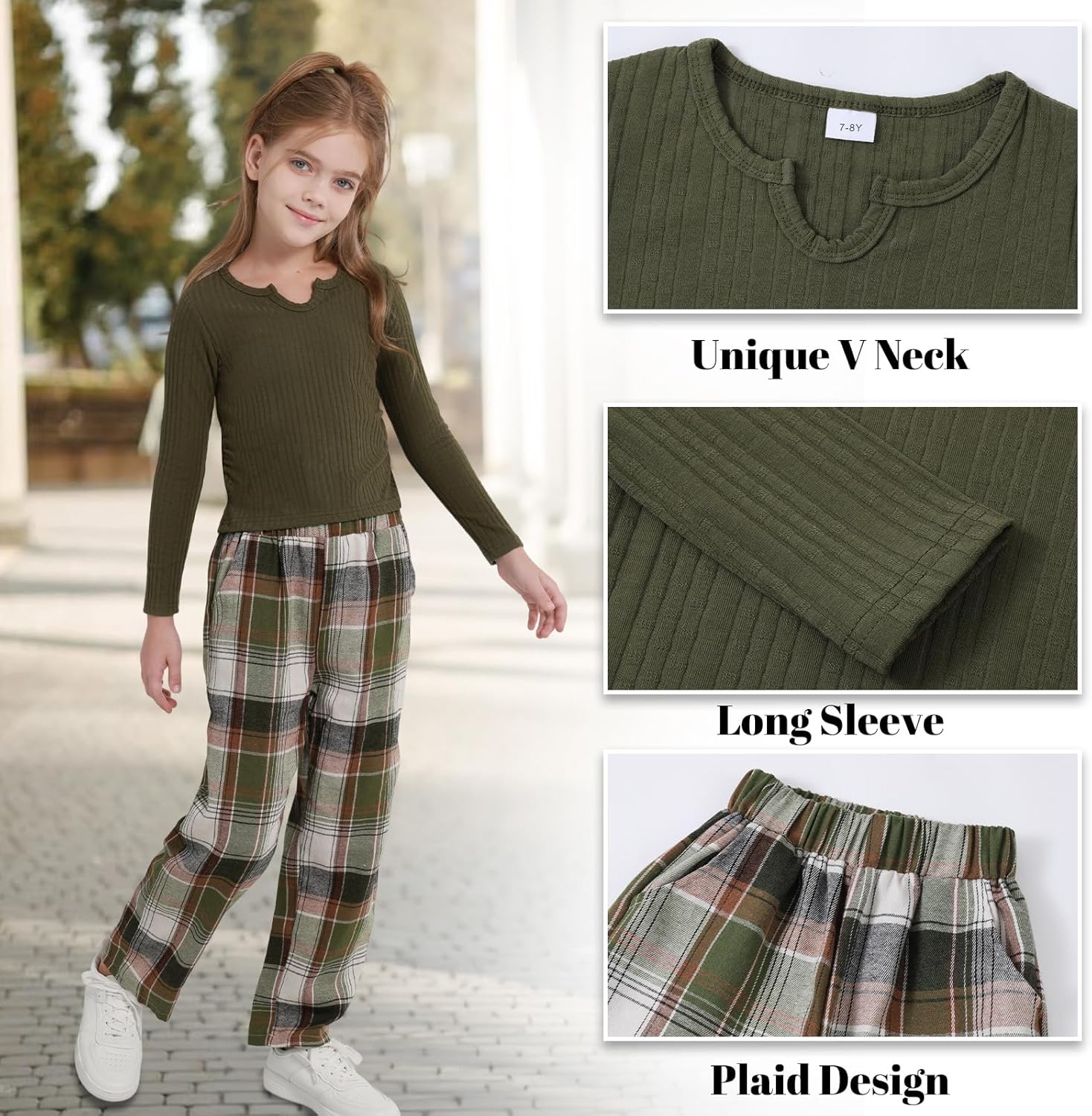 Ochine Girls Long Sleeve Ribbed V Neck Tops Wide Leg Plaid Pants with Pockets Fall Winter 2 Piece Clothes Set - Image 6