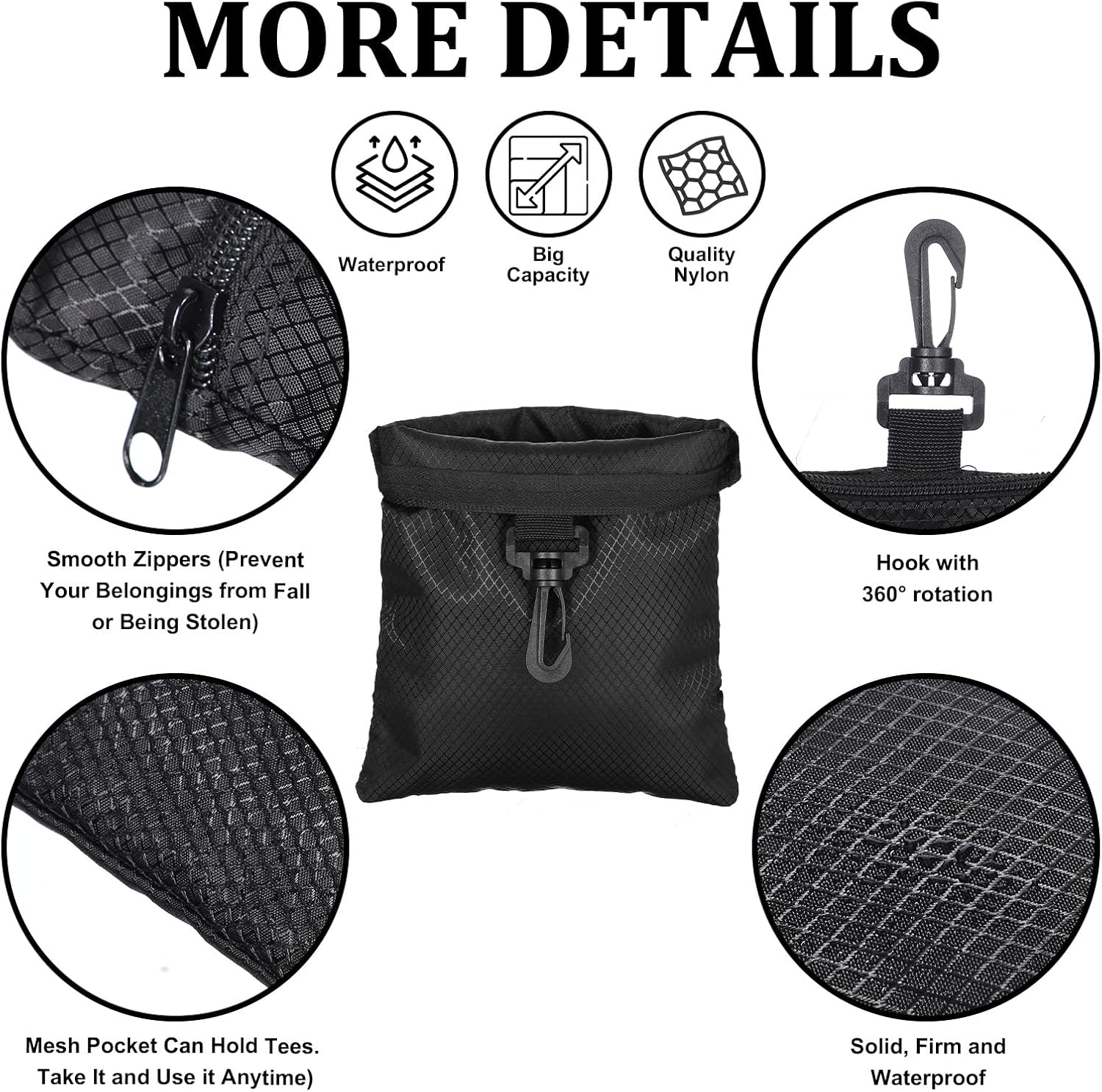 Golf Tee Pouch, Golf Tee Ball Pouch Bag with Lobster Claw Clip, Multi Pocket Zipper Hook Golfs Bag Accessories for Men - 7.68 x 6.5 Black