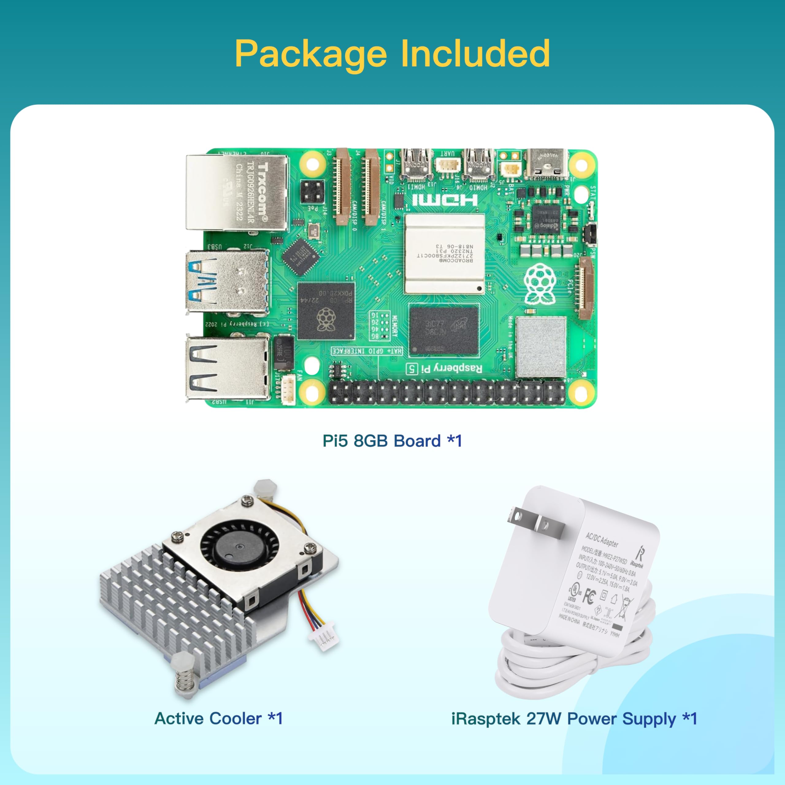 iRasptek Starter kit base per Raspberry Pi 5 4 GB di RAM, include scheda da 4 GB, alimentatore PD da 27 W e dispositivo di raffreddamento attivo