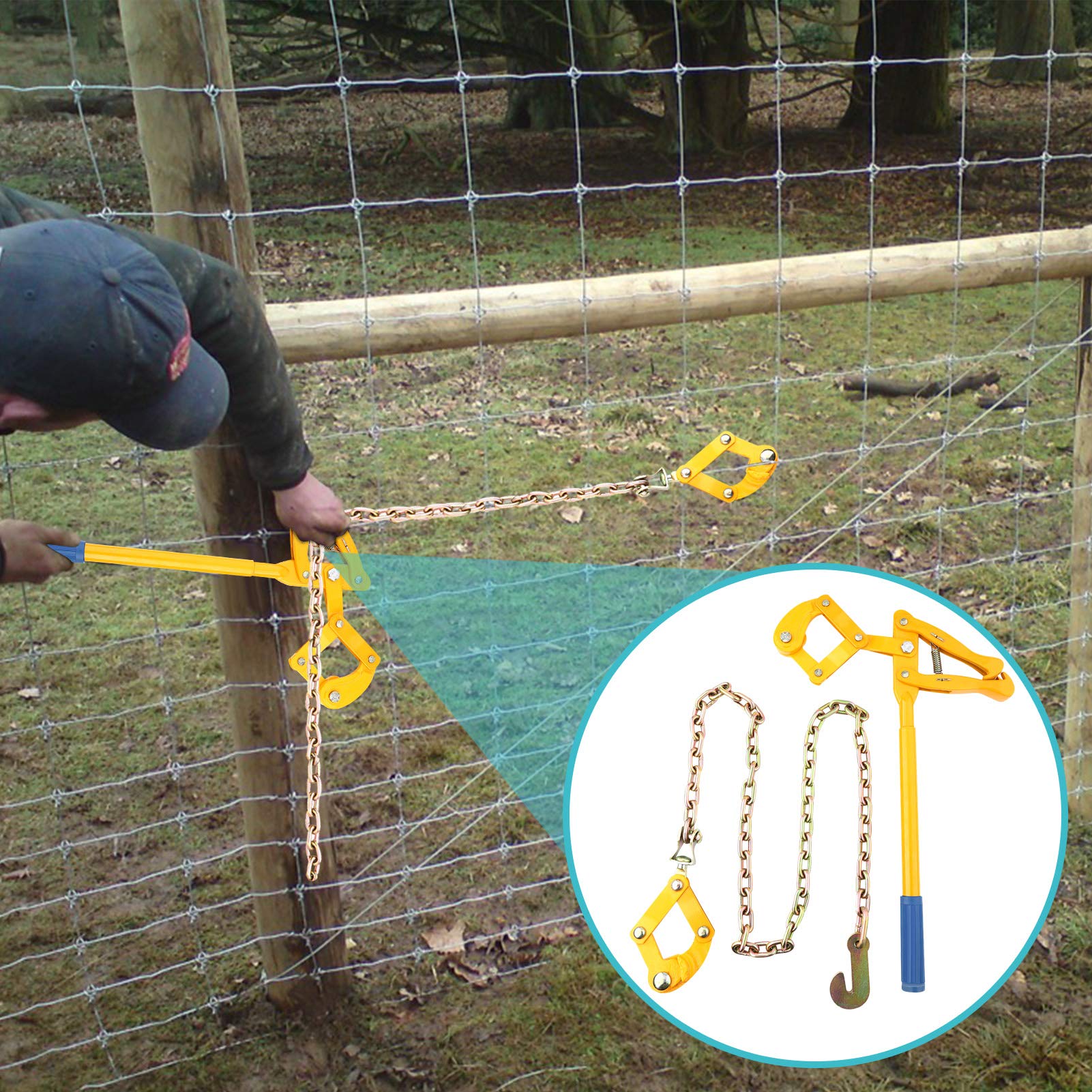Cocoarm Crépine de clôture, wire Fence tensioner, crépine de clôture Tendeur de barbelé Fil de clôture de Ferme résistant pour tendeur de Traction de réparation de clôture avec la chaîne de 1.2m