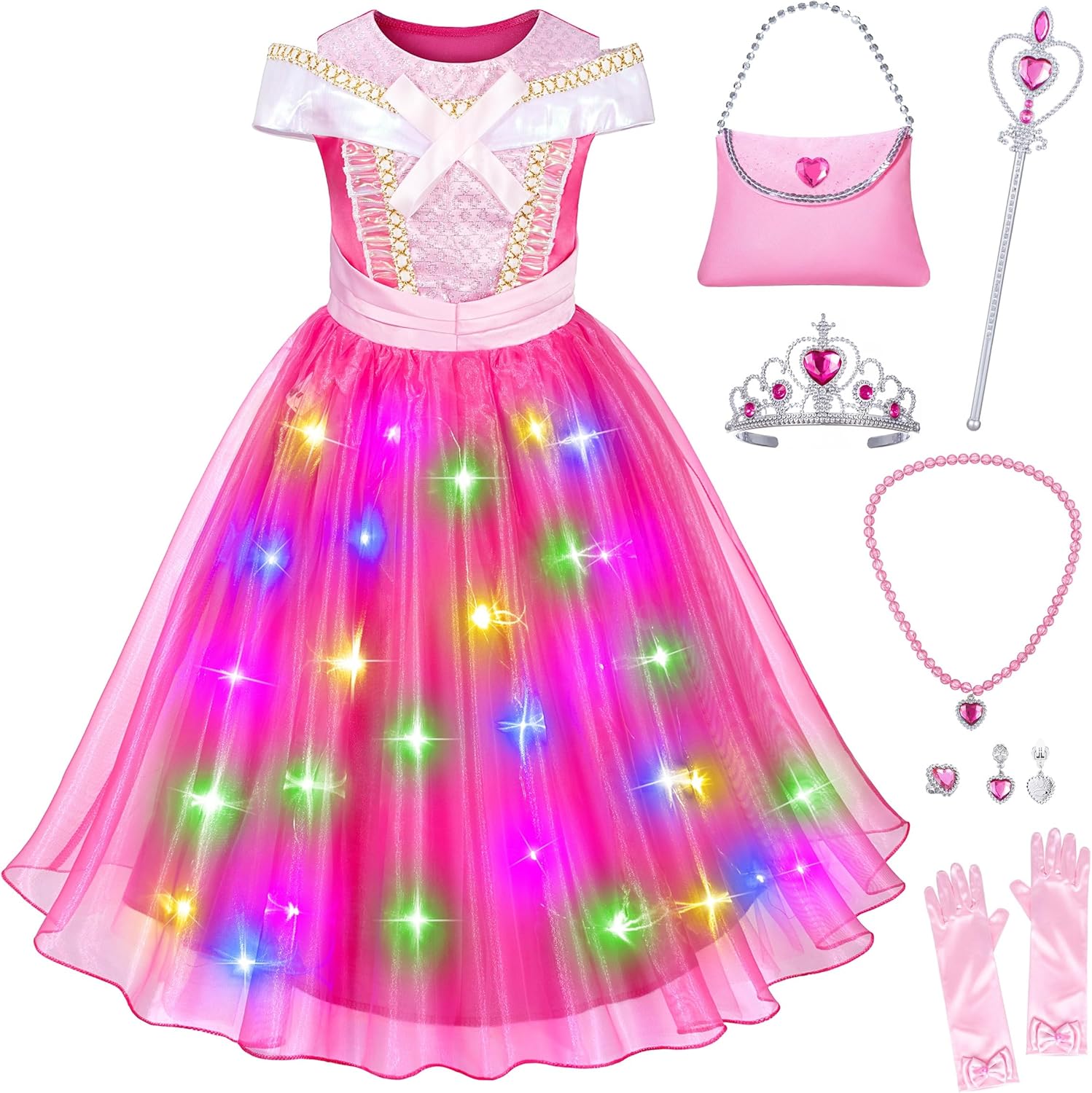 Light Up Princess Aurora Costume for Girls Dress Up – LED Light-Up SIeeping Beauty Dress with Accessories Light Up Princess Aurora Costume for Girls Dress Up – LED Light-Up SIeeping Beauty Dress with Accessories
