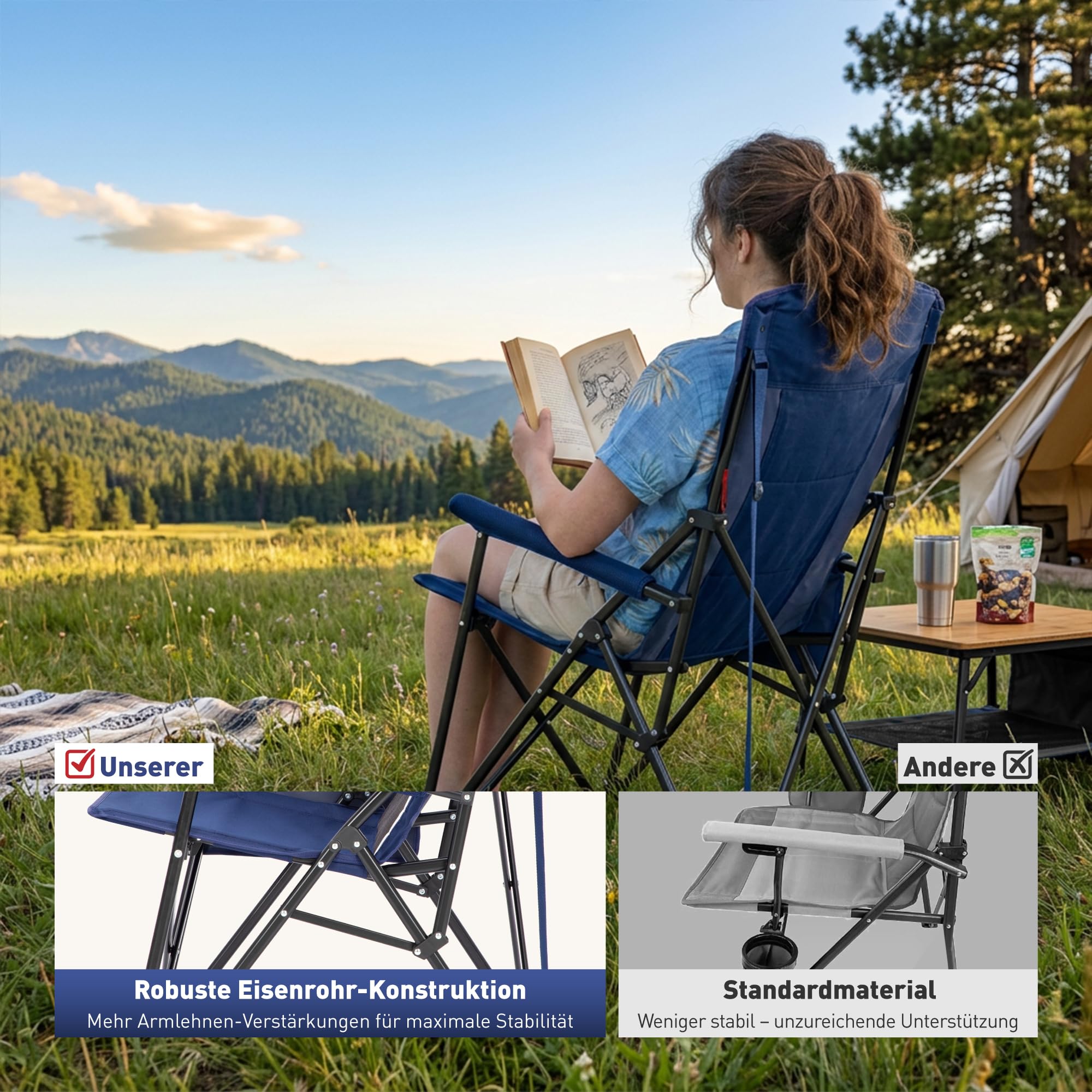 HIGH POINT SPORTS Campingstuhl Faltbar 225kg Klappstuhl Gepolstert Blau | Outdoorstuhl mit Kopfstütze Getränkehaltern Faltbarer Angelstuhl XXL mit Armlehnen