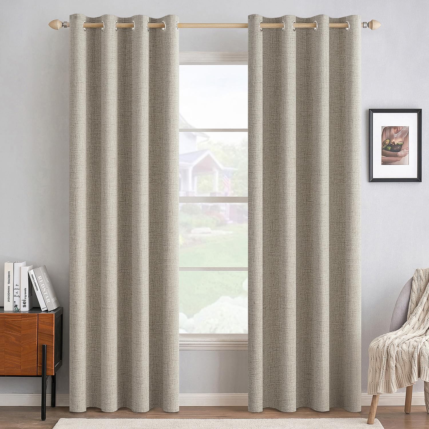 MIULEE 100% Blackout Linen Curtains for Bedroom 52x84 Inches Pebble Taupe | Room Darkening, Light Blocking, Thermal Insulated, Grommet Top, Linen Textured, Window Curtains for Living Room, 2 Panels