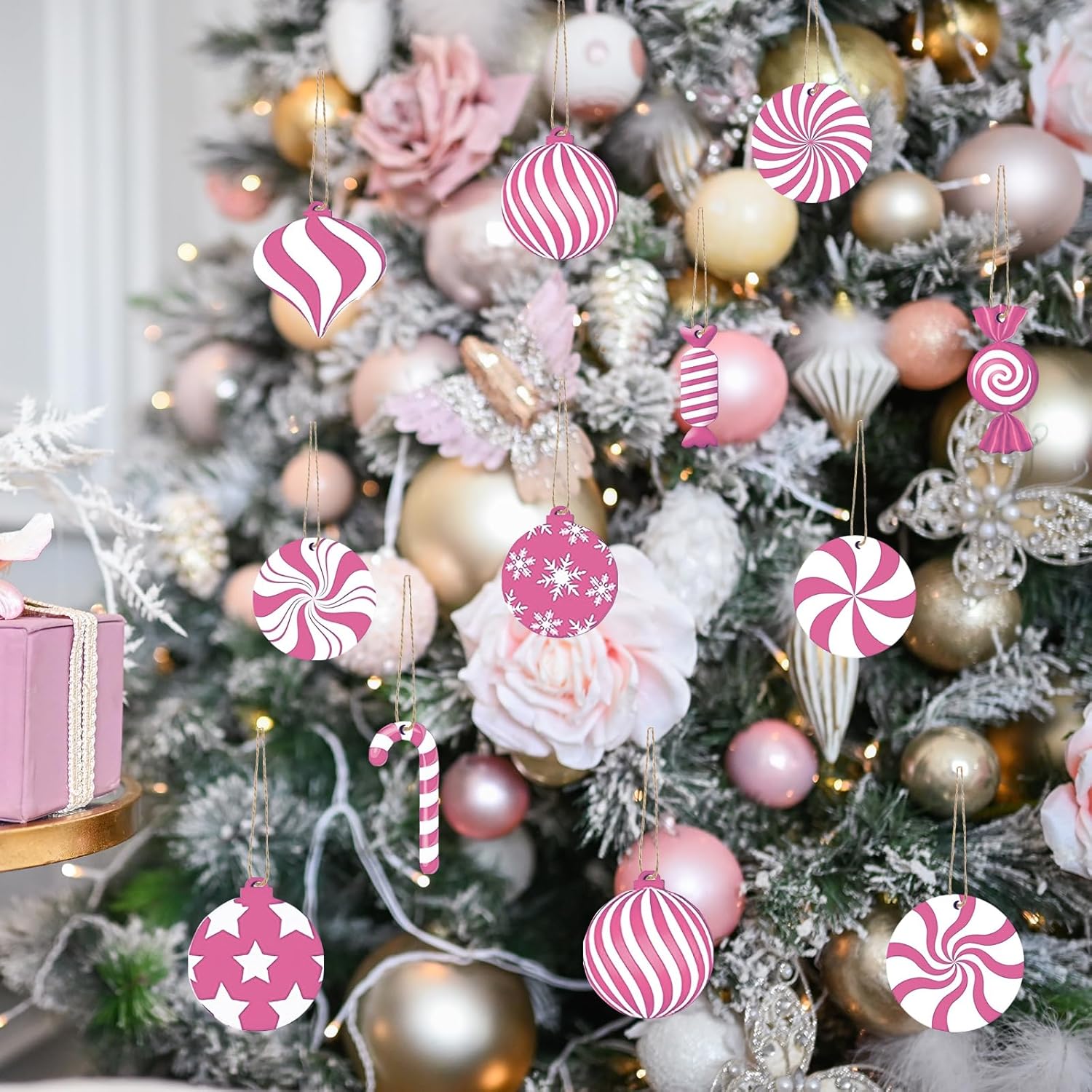 36 Pcs Pink Christmas Tree Ornaments, Xmas Candy Cane Lollipop Santa Claus Ornament Cute Traditional Ornament Christmas Tree Ornaments for Xmas Party Decors - Image 5