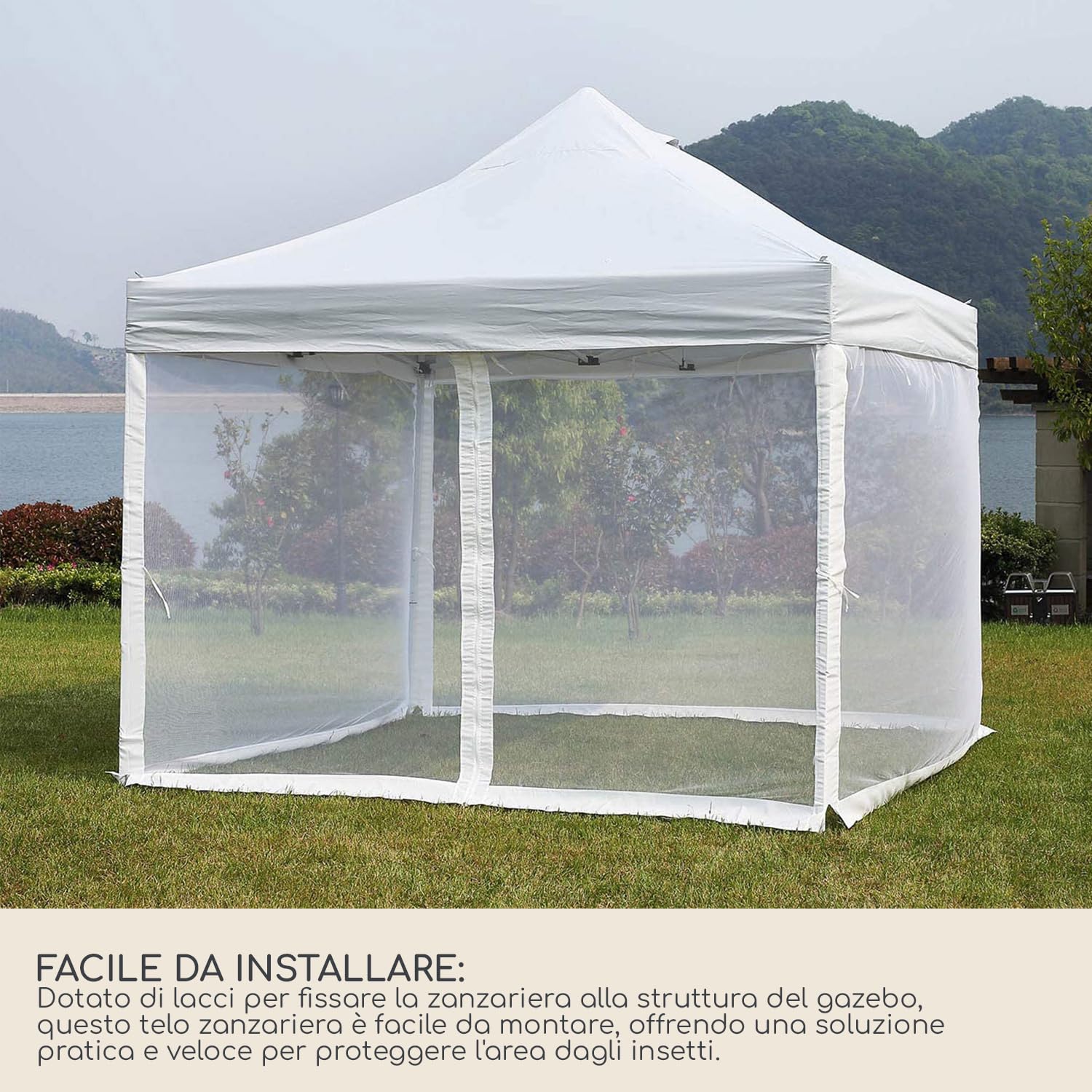 Rebecca Mobili Telo Zanzariera per Gazebo 3x3, Rete Anti Insetti, Poliestere, Bianco, con Lacci, Smontabile, Lavabile - Misure HxL: 240 x 1200 cm - Art. RE7013