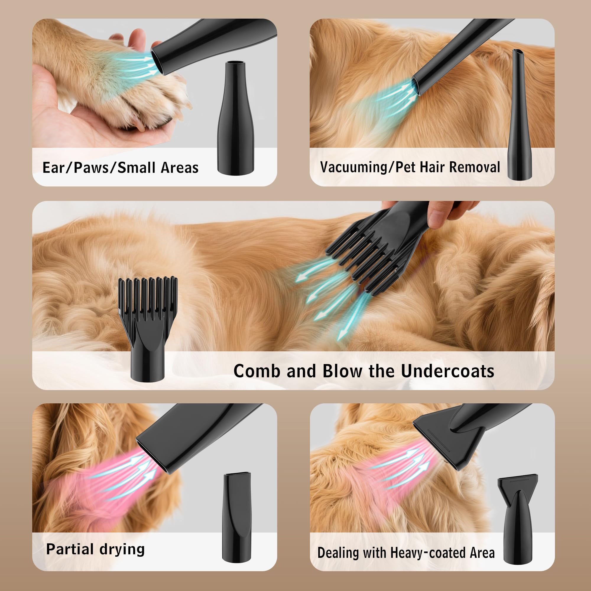 DEWINNER Pulseur pour Chien Blower 3200W, Souffleur Chien Silencieux avec Aspirateur, Animaux Vitesse et Température Réglable, avec 5 Buses différentes, 1 Tuyau élastique et Brosse d'entretien
