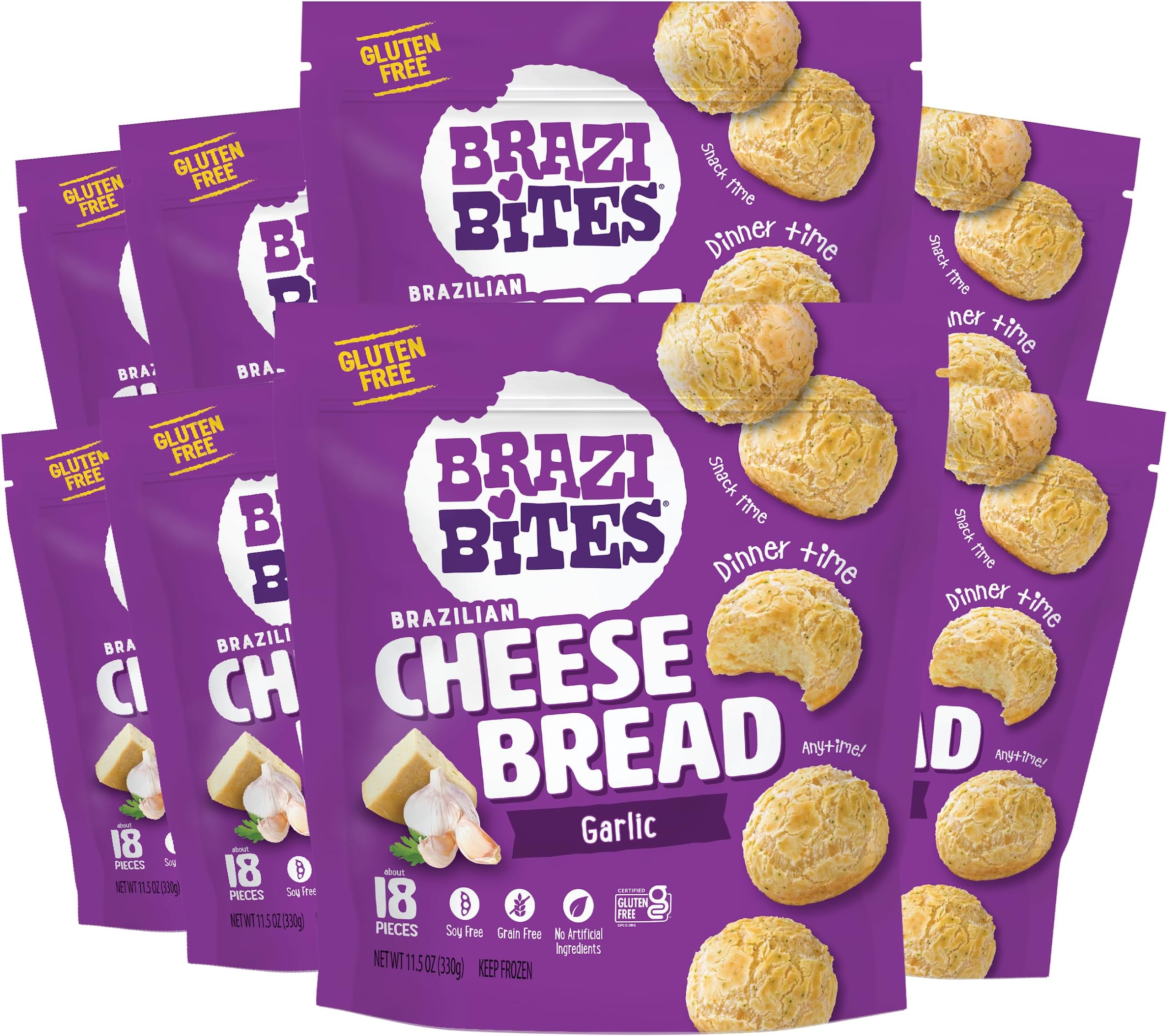 Gluten-Free Brazilian Cheese Bread: Garlic Asiago | Vegetarian Frozen Bread Snacks | Soy-Free | No Artificial Ingredients | No Preservatives | 11.5 oz. pouches (8-pack)