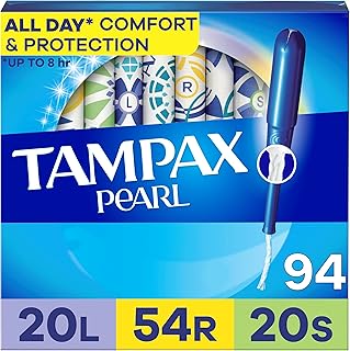 Tampax Pearl Tampons for Women Multipack, with LeakGuard Braid, Light/Regular/Super Absorbency, Unscented, 94 Count (2 Packs of 47)
