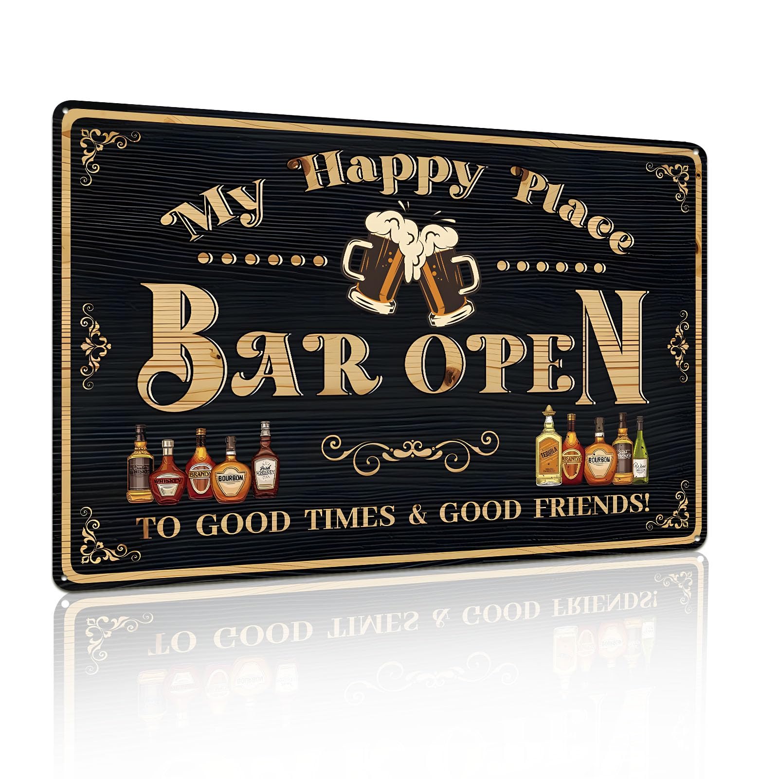 "my happy place bar openBar" Sign Decor Metal Tin Signs for Home Bar Man Cave Vintage Wall Accessories Beer Cheers Decorations Gifts 12X8 Inches (2471)