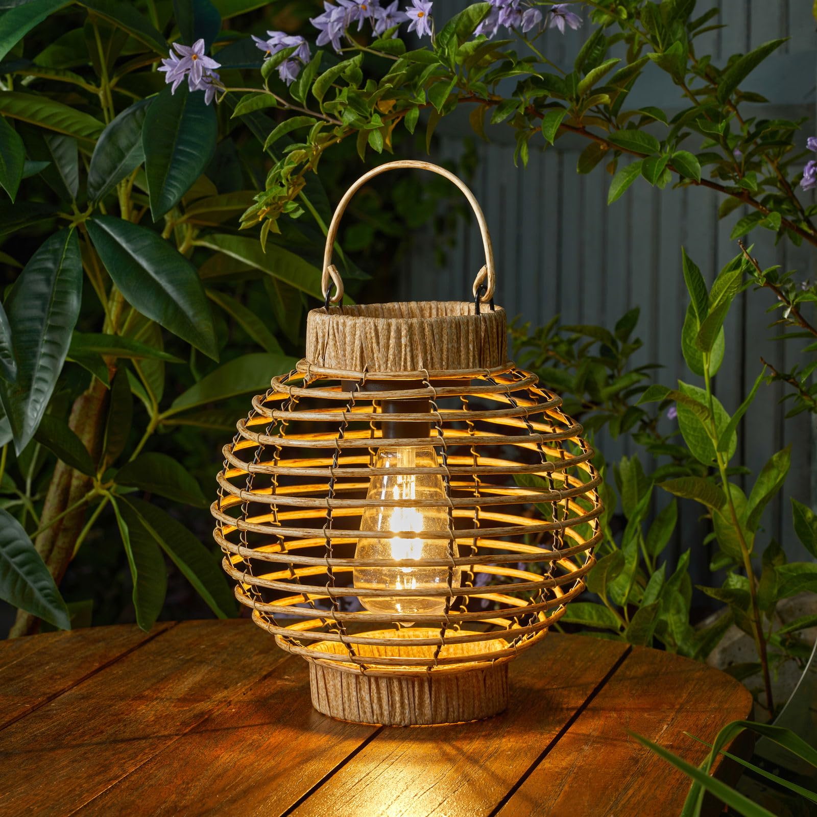 Solar LED Brown Terra Rattan Style Filament Hanging Outdoor Garden Table Lantern