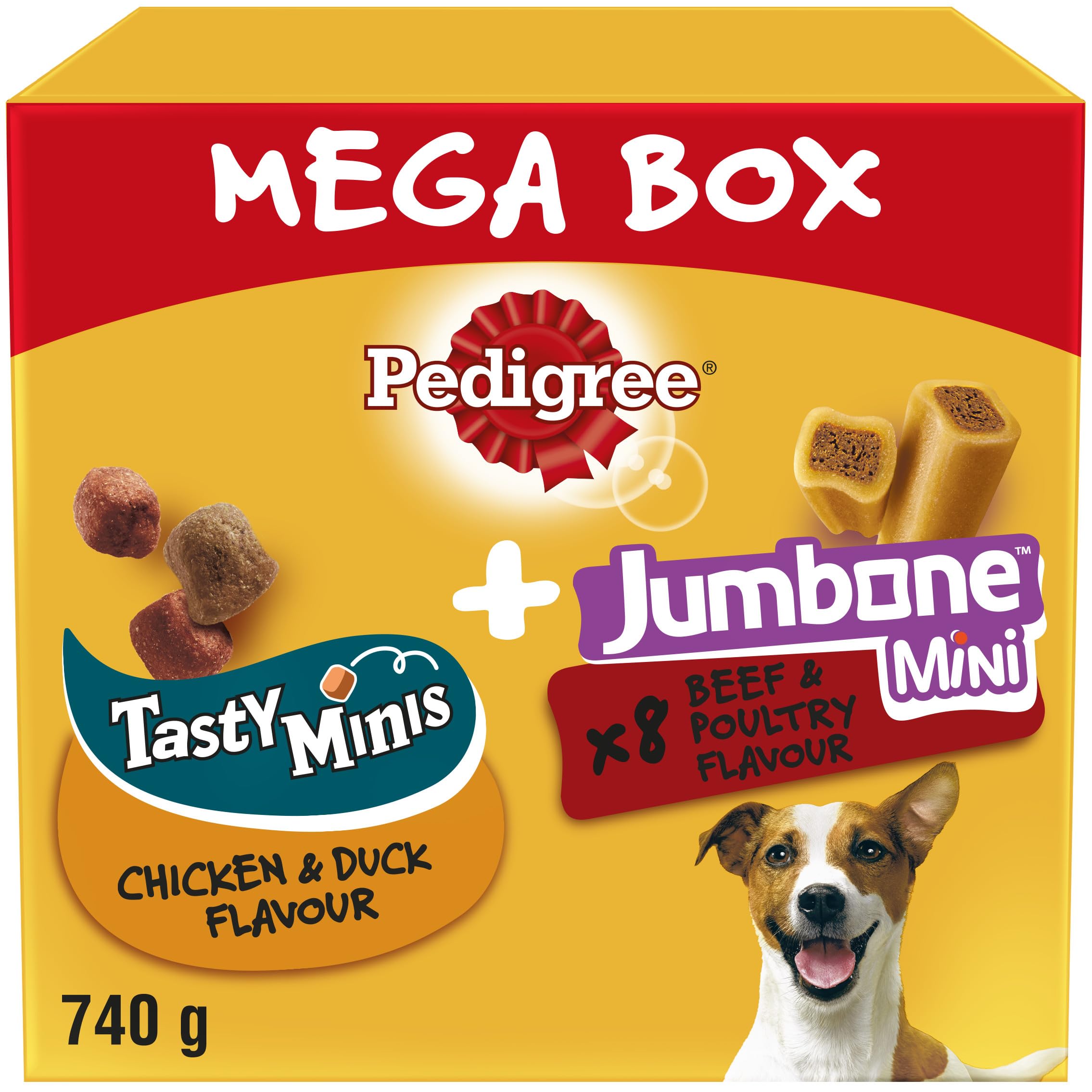 Pedigree Mega Box - Dog treat multipack with 3 Tasty Minis chicken and duck flavour and 8 Jumbone Mini beef and poultry flavour, 740g