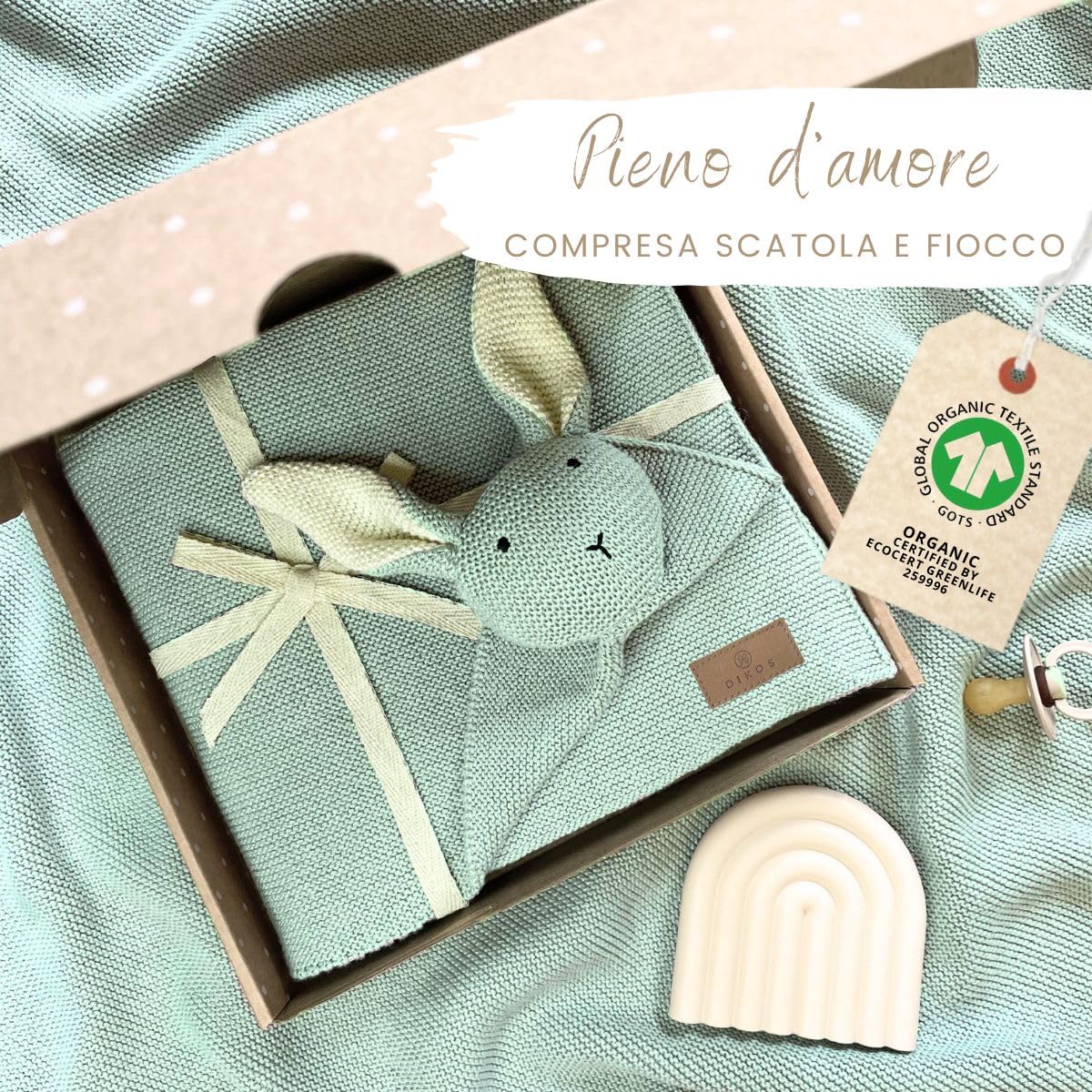Dikos® coperta & doudou 2 in 1 con coniglietto coccolone (verde menta) – dolce regalo nascita per neonato o neonata – in morbido cotone biologico (GOTS & OEKO-TEX) – ideale come primo peluche per bebè