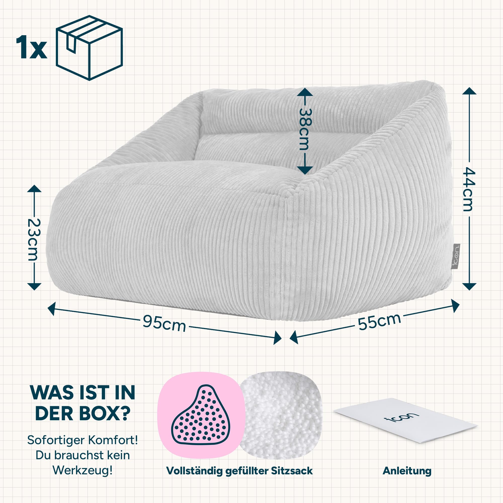 Icon Natalia Sitzsack Kinder Sofa, Beige, Flauschiger Cord Stoff, Sitzsack Cord mit Füllung, Bequemer Kinder Sessel, Kuschelsessel, Lese Sessel, Schlafzimmer, Kinderzimmer, Jugendzimmer