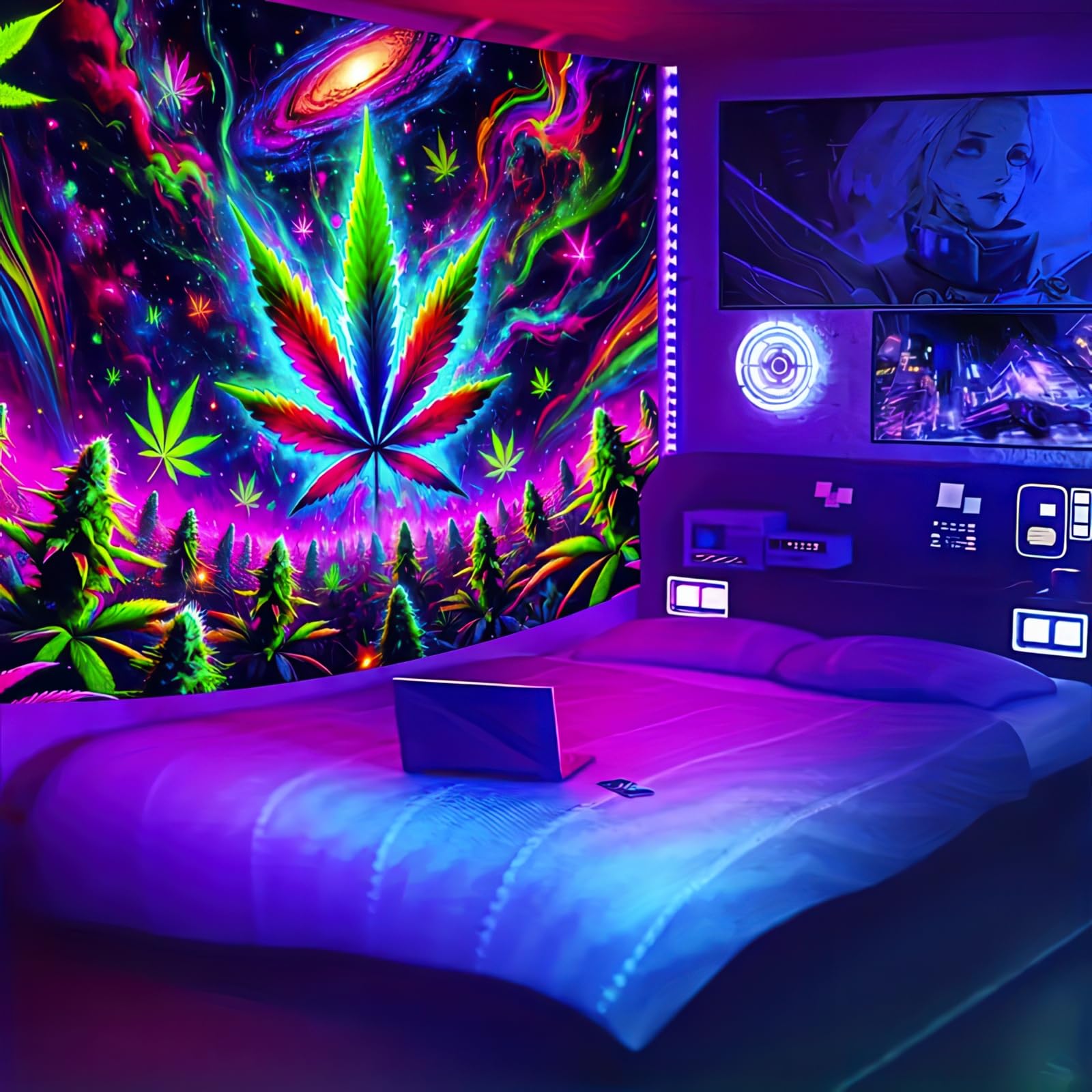 Blissyard Blacklight Cannabis Leaf Uv Reactive Backdrop Blacklight Tapestry Cannabis Leaf Uv Backdrop 60 X 80 Inches Decorations Photography Background Photo Shoot Props Wall Hanging For Bedroom Dorm Living Room Decor