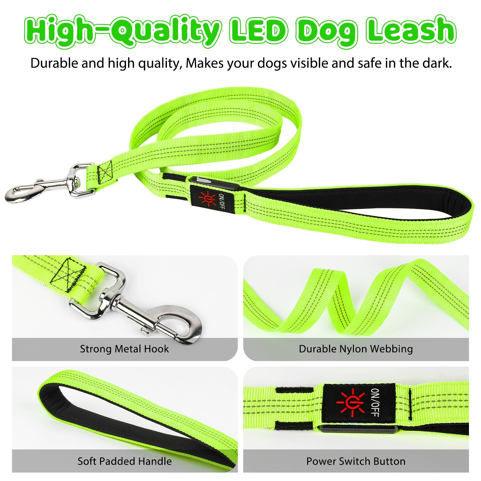 HIGO Guinzaglio per cani a LED, ricaricabile tramite USB, per cani, riflettente e luminoso, per passeggiate notturne con il cane (verde, 120 cm)