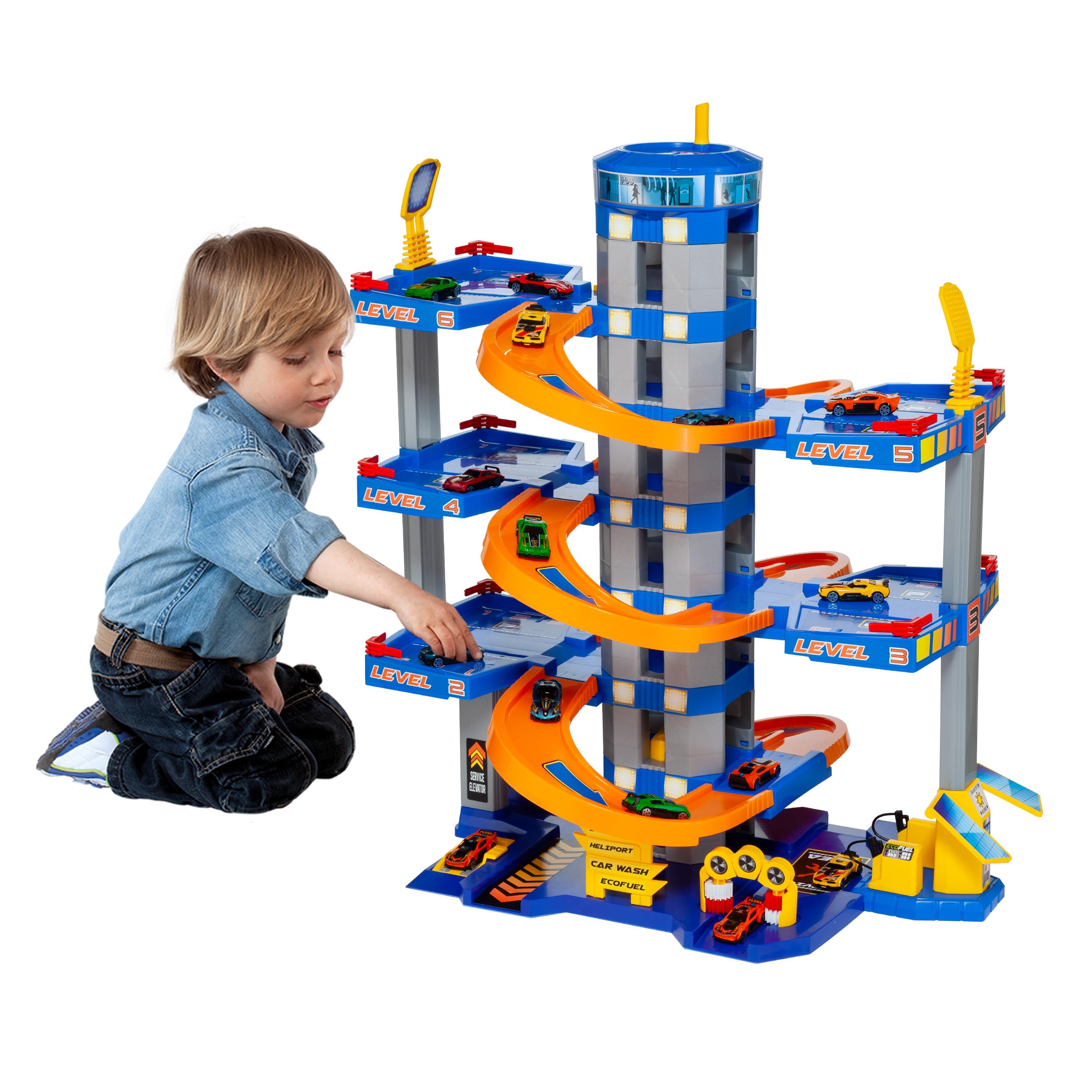 MOLTO Spielzeugparkplatz, 6 Pflanzen, blau, Kindergarage mit Rampen, Aufzug und 10 Autos – Fantasie- und Motorik-Spiel für Kinder ab 3 Jahren