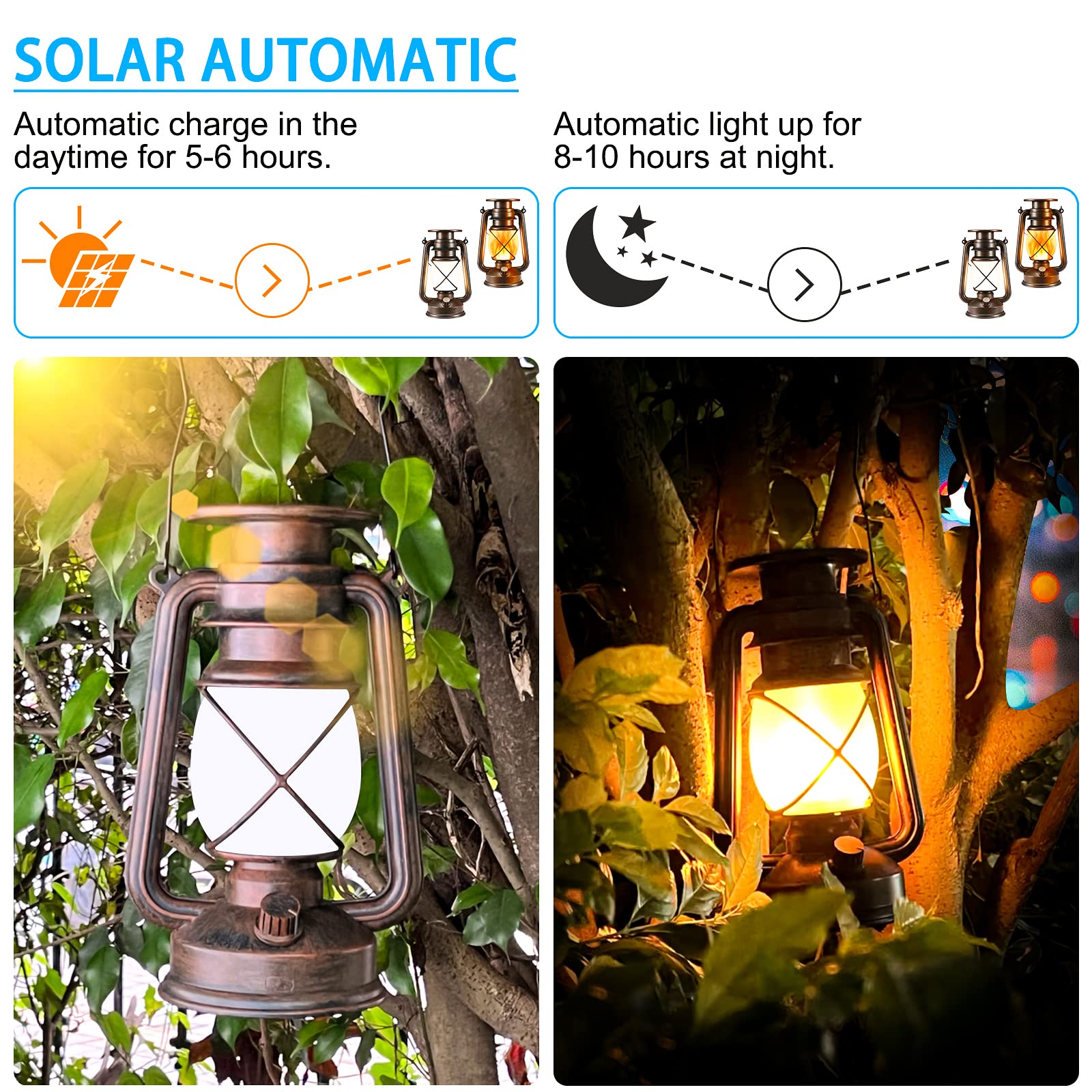 Solarlaterne für den Außenbereich, hängende Solarleuchten, flackernde Flamme, LED-Vintage-Laterne, wasserdichte Camping-Lampen, Auto-On/Off-Landschaftsdekoration für Tisch, Terrasse, Garten, Hof, Weg