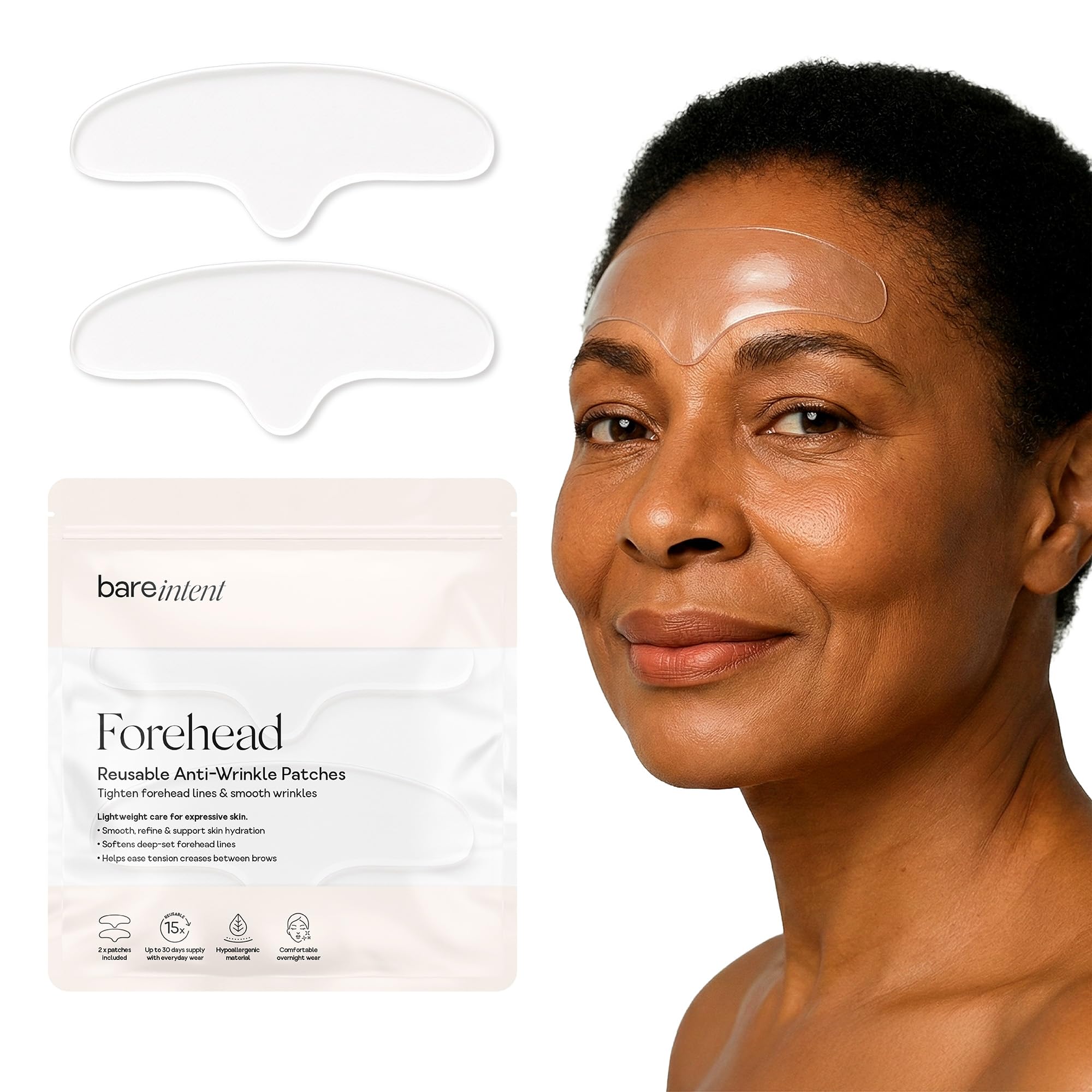 Bare Intent Reusable Anti-Wrinkle Patches for Forehead & Frown | Hypoallergenic, Moisturizing & Hydrating Wrinkle Patches for Creases, Fine Lines & Expression Lines | 2 pack (2 sets) | Up to 15 Uses