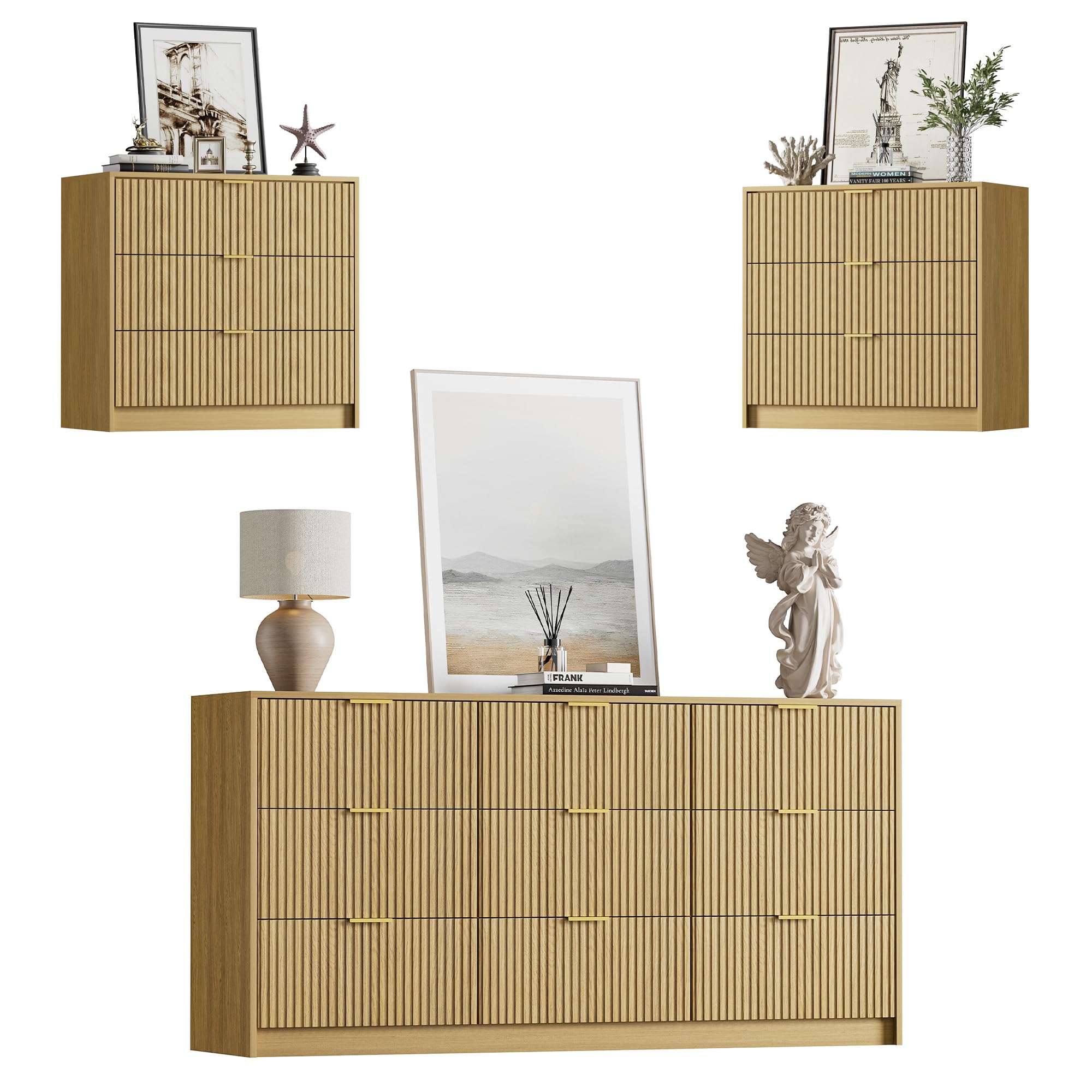 3 Piece Modern Bedroom Set, 9 Drawer Dresser with 2 Nightstand, Natural Oak