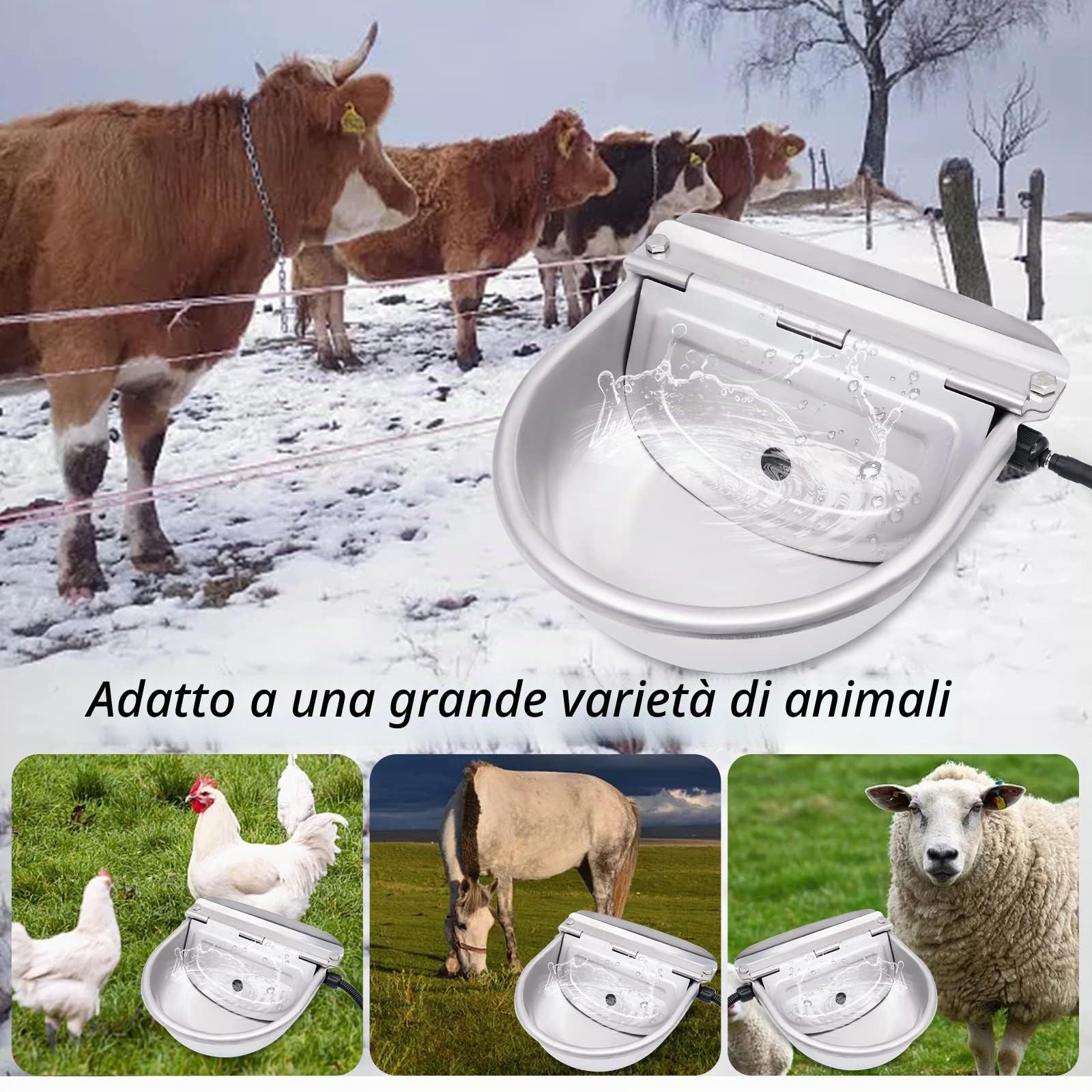Bevande per Cavalli Riscaldate e Riscaldate a Prova di Gelo, con Valvola Galleggiante Regolabile per Capre, Pecore, Bovini, Salice (24 V, 80 W)