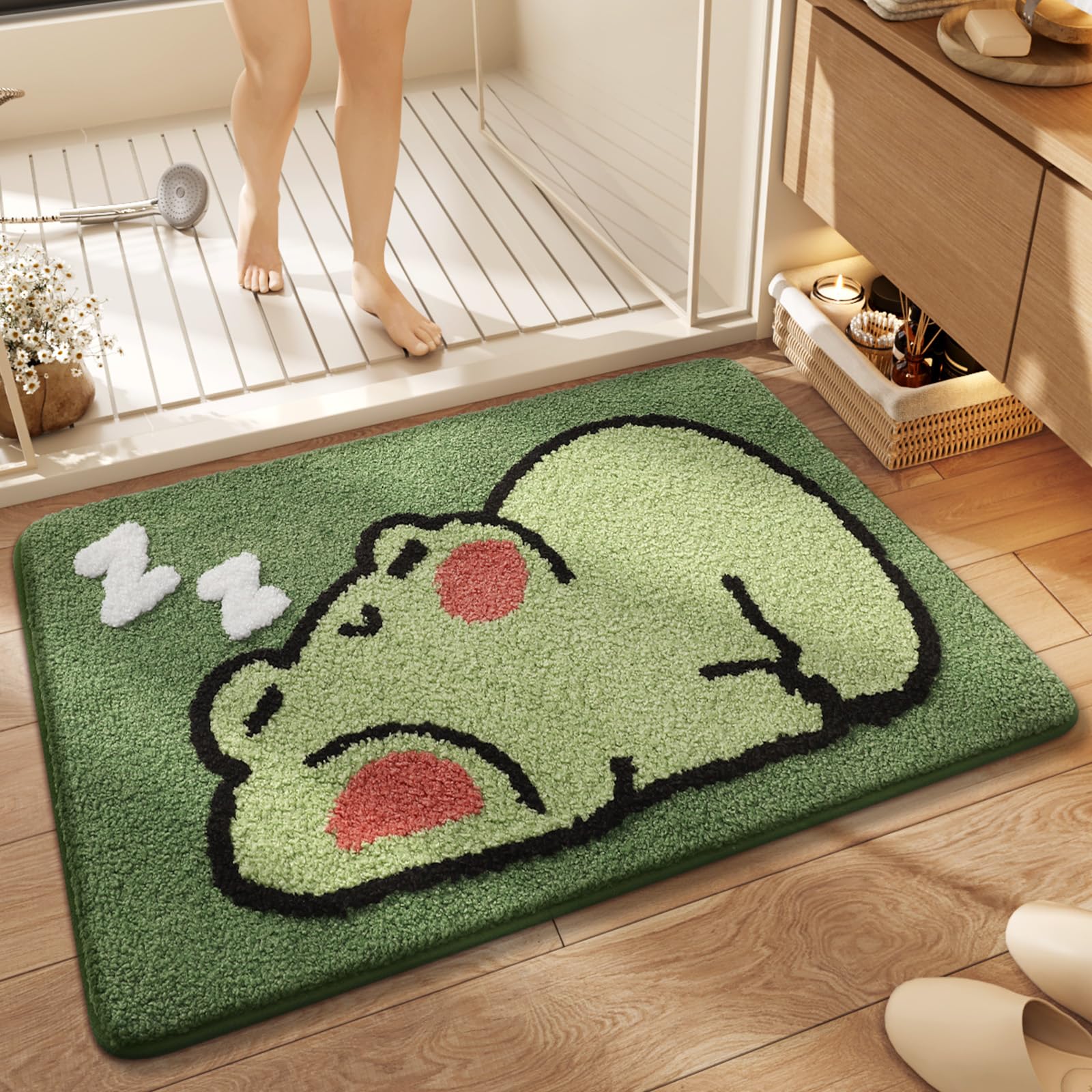 Ankah Bath Mat Cute Shower Rug, Luxury Shaggy High Absorbent and Anti Slip, Machine Washable Fit for Bathtub, Shower and Bath Room, 17.71"x 25.59", Sleep Frog Sleep Frog 1'6" x 2'2" (Rectangular)