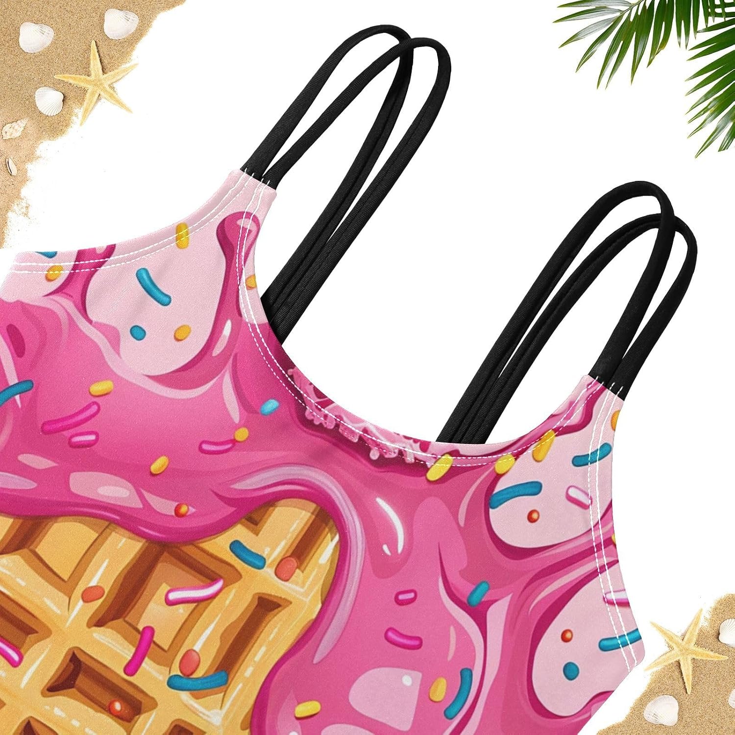 visesunny Girls Two Piece Swimsuits Pink Waffle Ice Cream Girl's Bikini Sets Bathing Suits for Girls Size 5-12Y