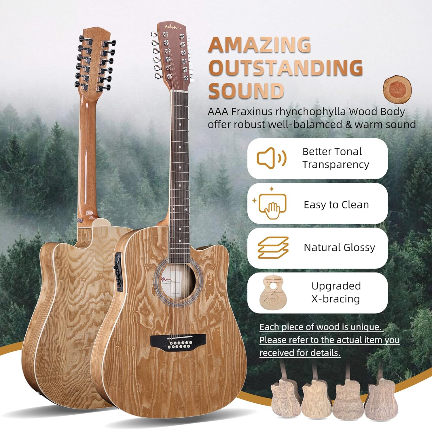 ADM Advanced 12 String Acoustic Electric Guitar, Full Size 42" Twelve String Guitar Bundle 4-Band EQ Set for Beginner Intermediate Adults Teens, Bag, Picks, Capo, Cabel, Strap, Natural Wood