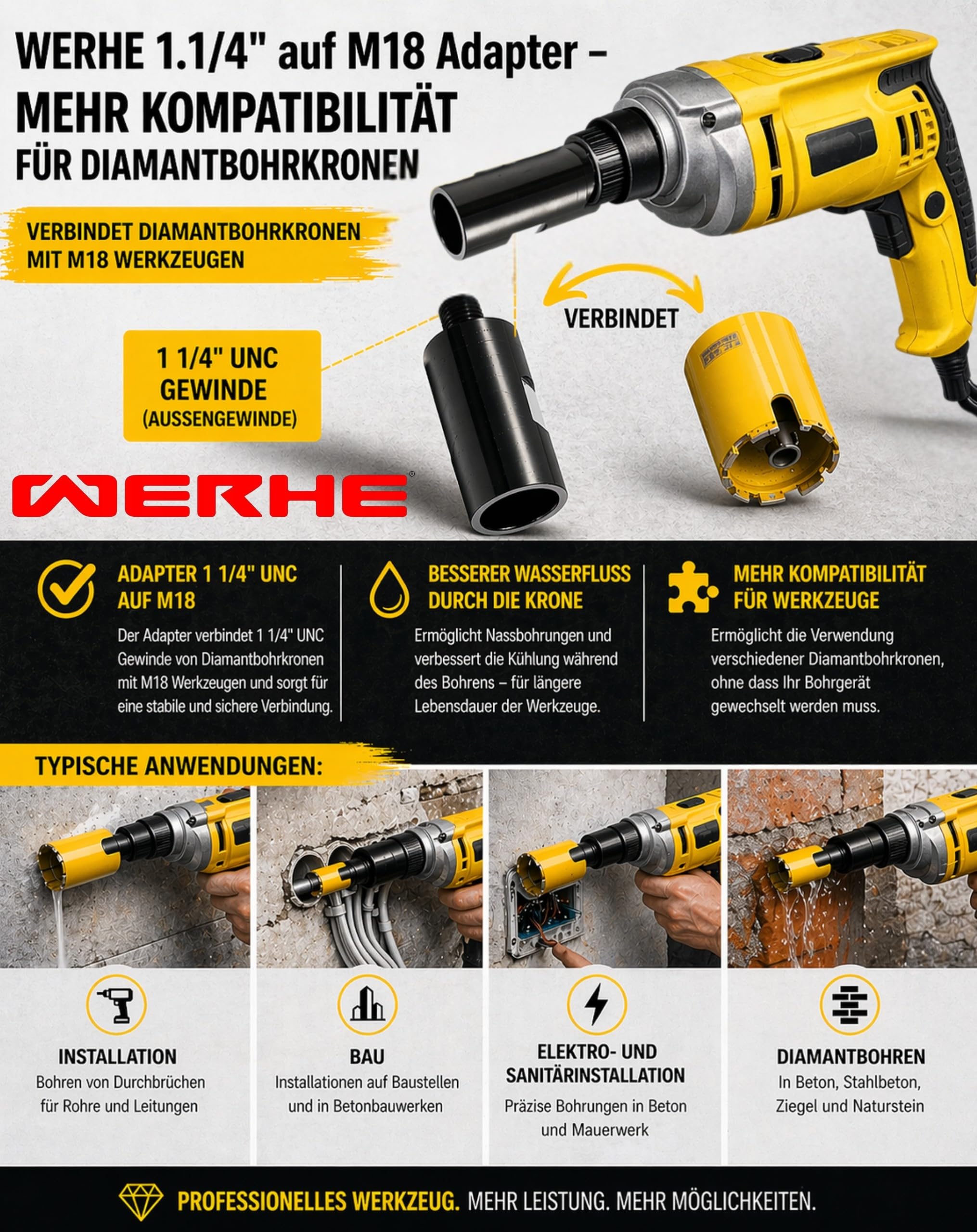 WERHE Adapter 1 1/4 UNC auf M18 Muffe – Robuster Stahlverbinder für Kernbohrgeräte zu Dosenbohrern – Kompatibel mit Standard Bohrmaschinen – Präzise Bohrungen in Beton und Stein