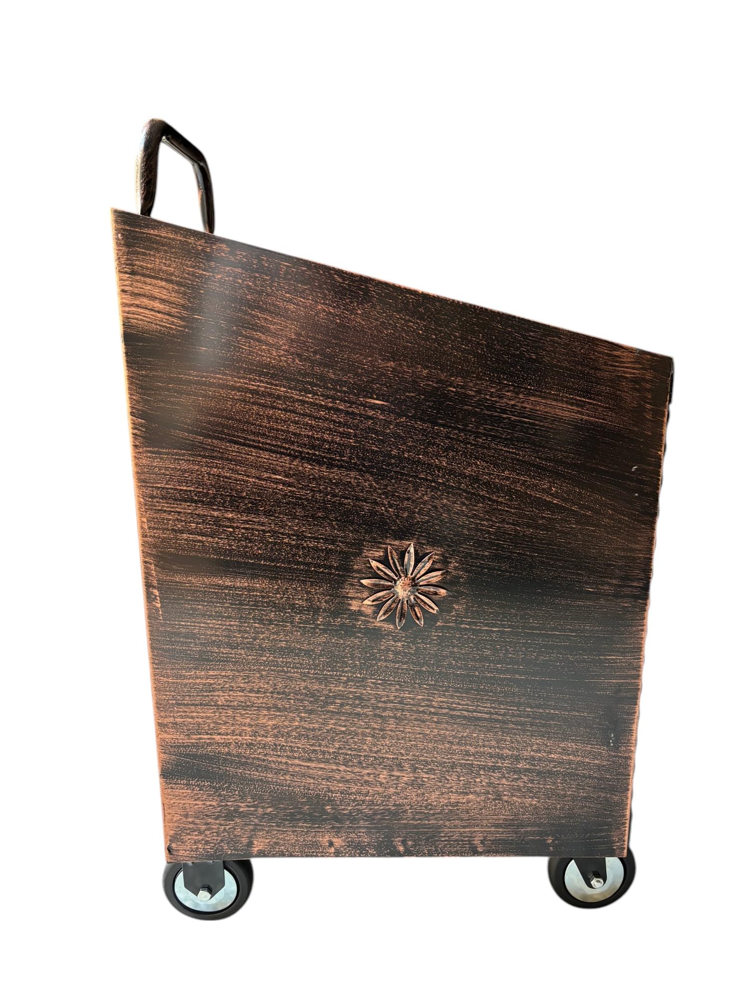 Porta Legna con Ruote, Porta Pellet, in Ferro Battuto, 52 x 50 x 84h cm, Motivo Floreale, Per Camino e Stufe (Rame)