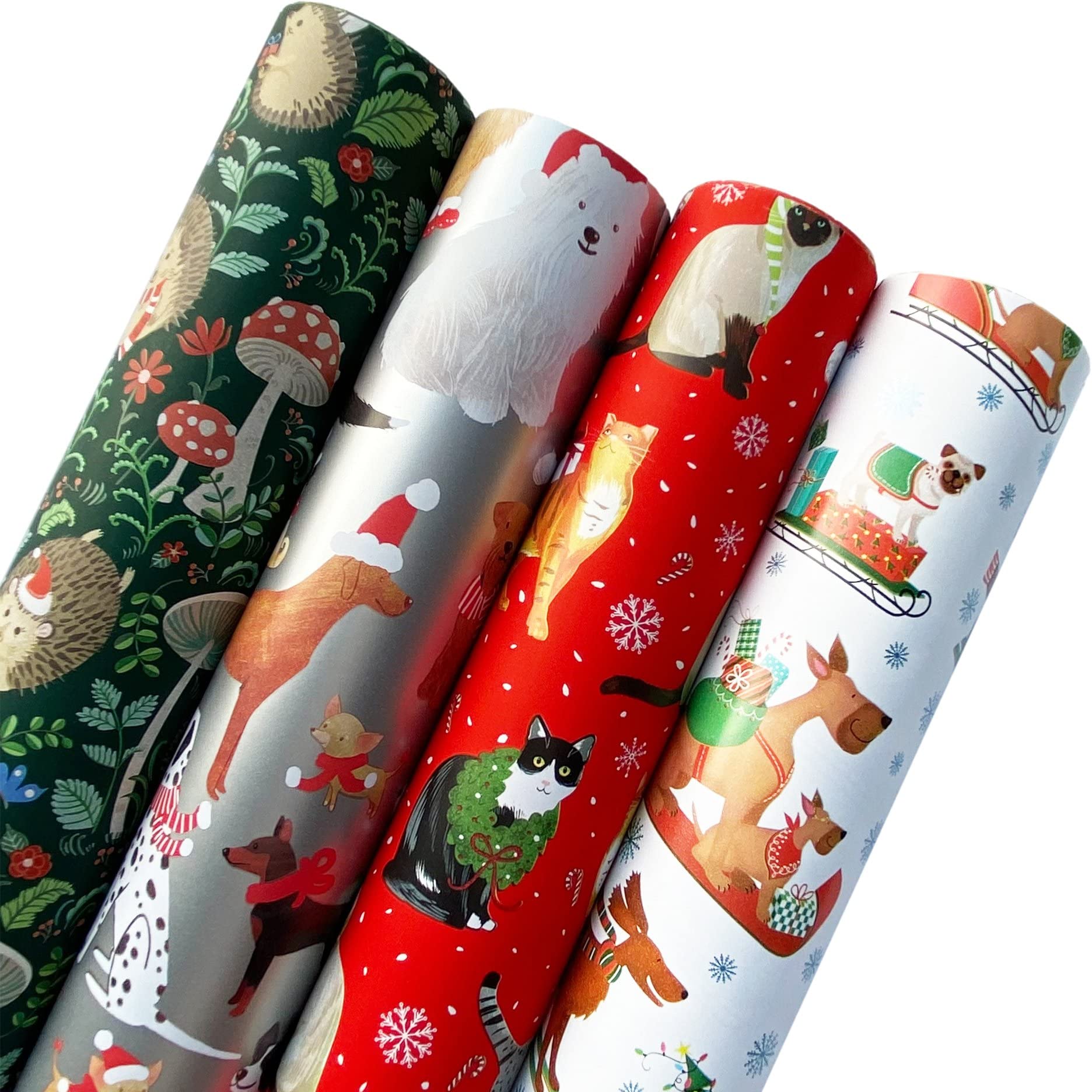 Jillson & Roberts Confezione da 4 rotoli di carta da regalo natalizia per bambini (25 piedi quadrati per rotolo, 200 metri quadrati totali per le vacanze, riccio, cani, gatti, slitta, 4 pezzi