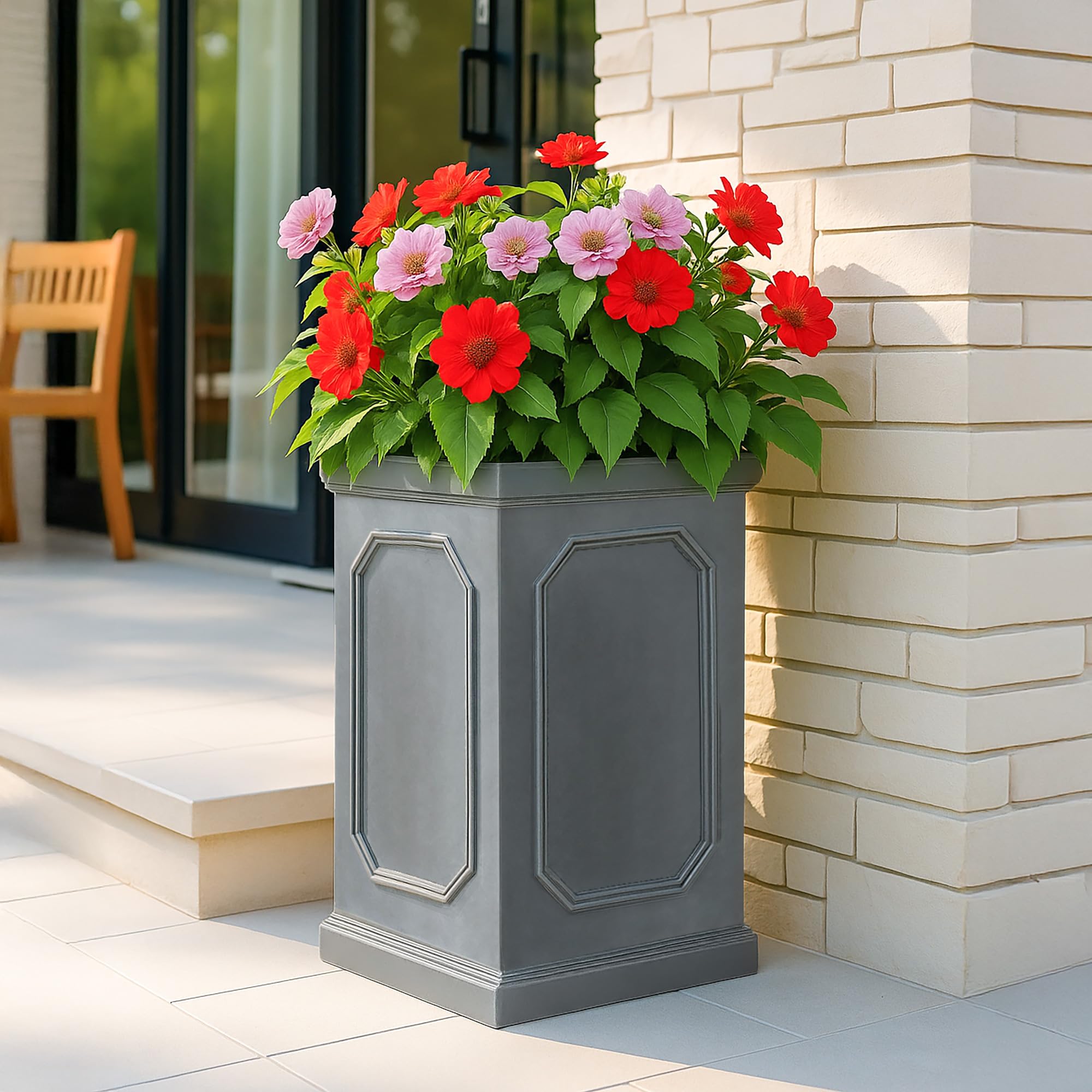 IDEALIST 64cm Tall Garden Planter | Faux Lead Grey Reinforced Stone Chelsea Tall Square Planter with Drainage Holes L31 W31 H64 cm, 62 litres