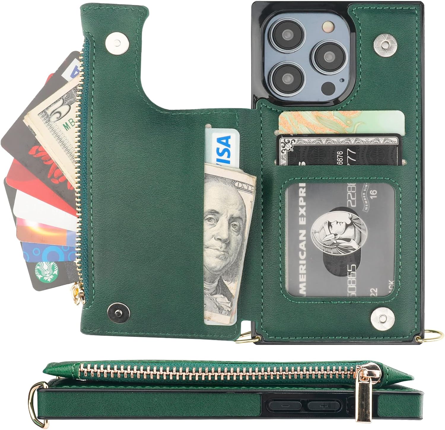 Bocasal Crossbody Wallet Case for iPhone 14 Pro with RFID Blocking Card Slot Holder, Magnetic Flip Folio Purse Case, PU Leather Zipper Handbag with Detachable Lanyard Strap 6.1 Inch 5G (Green) - Image 3