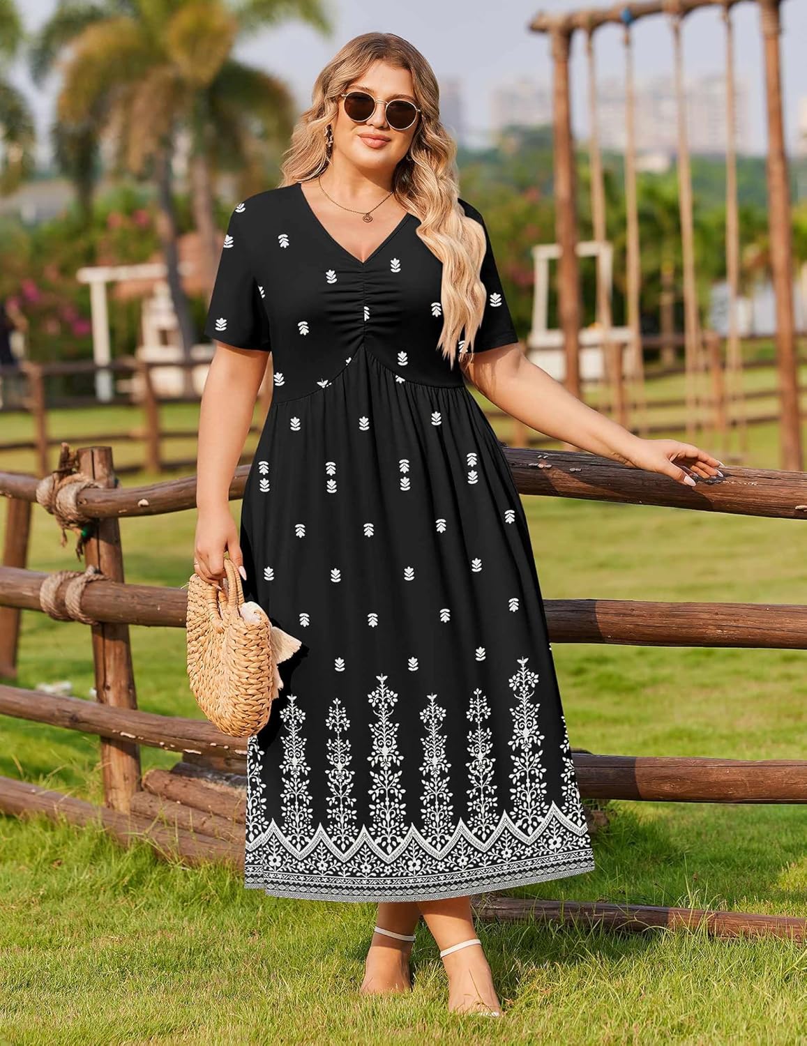 IN'VOLAND Women Plus Size Short Sleeve Dress Summer Casual V-Neck Ruched Aline Midi Dresses with Pockets - Image 4