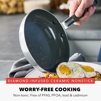 GreenPan x Bobby Flay Stainless Steel 8 & 10 Frying Pan Skillet Set, Professional Grade Tri-Ply, Multiclad, PFAS-Free Ceramic Nonstick, Induction Suitable, Dishwasher & Oven Safe, Stay Cool Handle