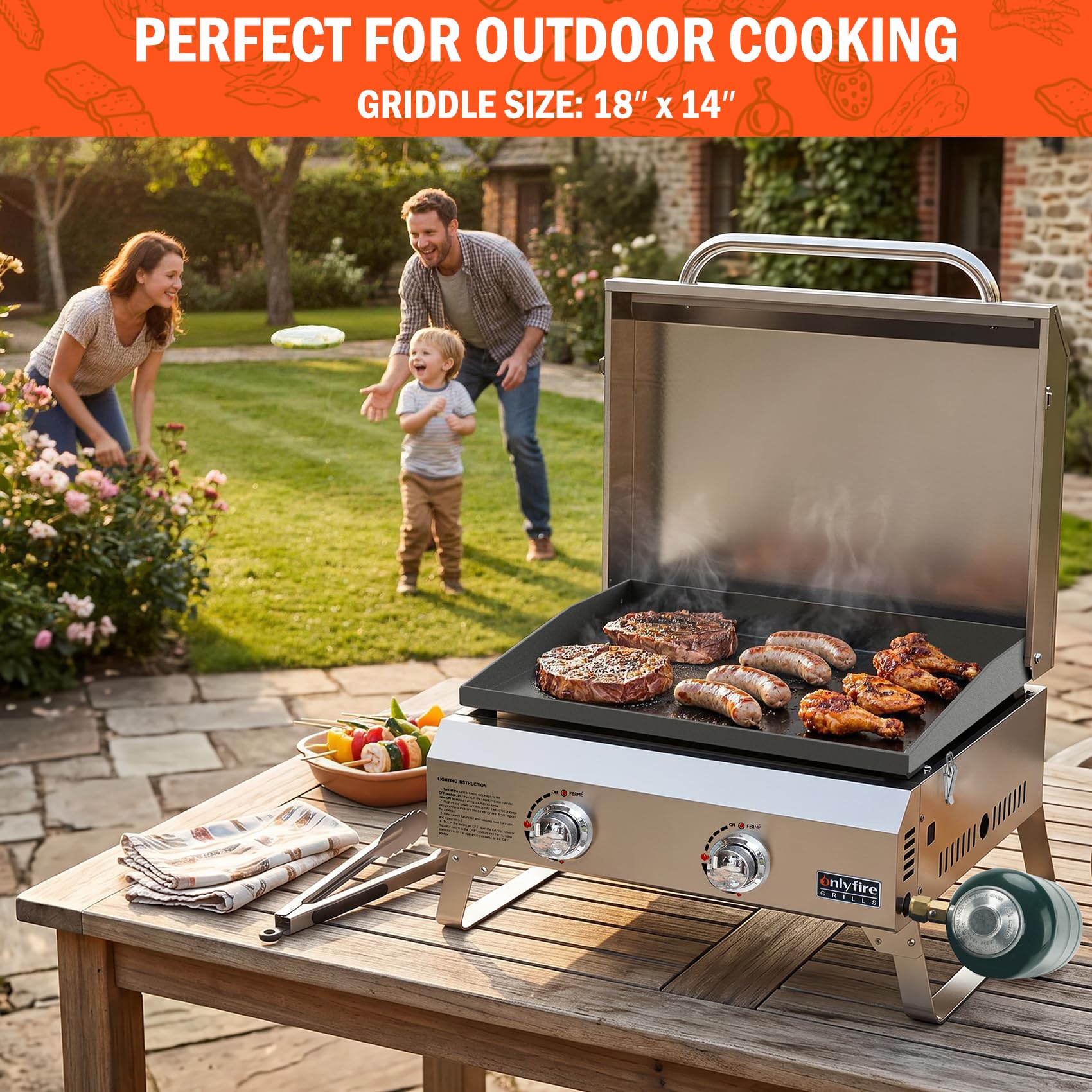 Onlyfire GS318 Plaque de cuisson à gaz 2 brûleurs avec couvercle