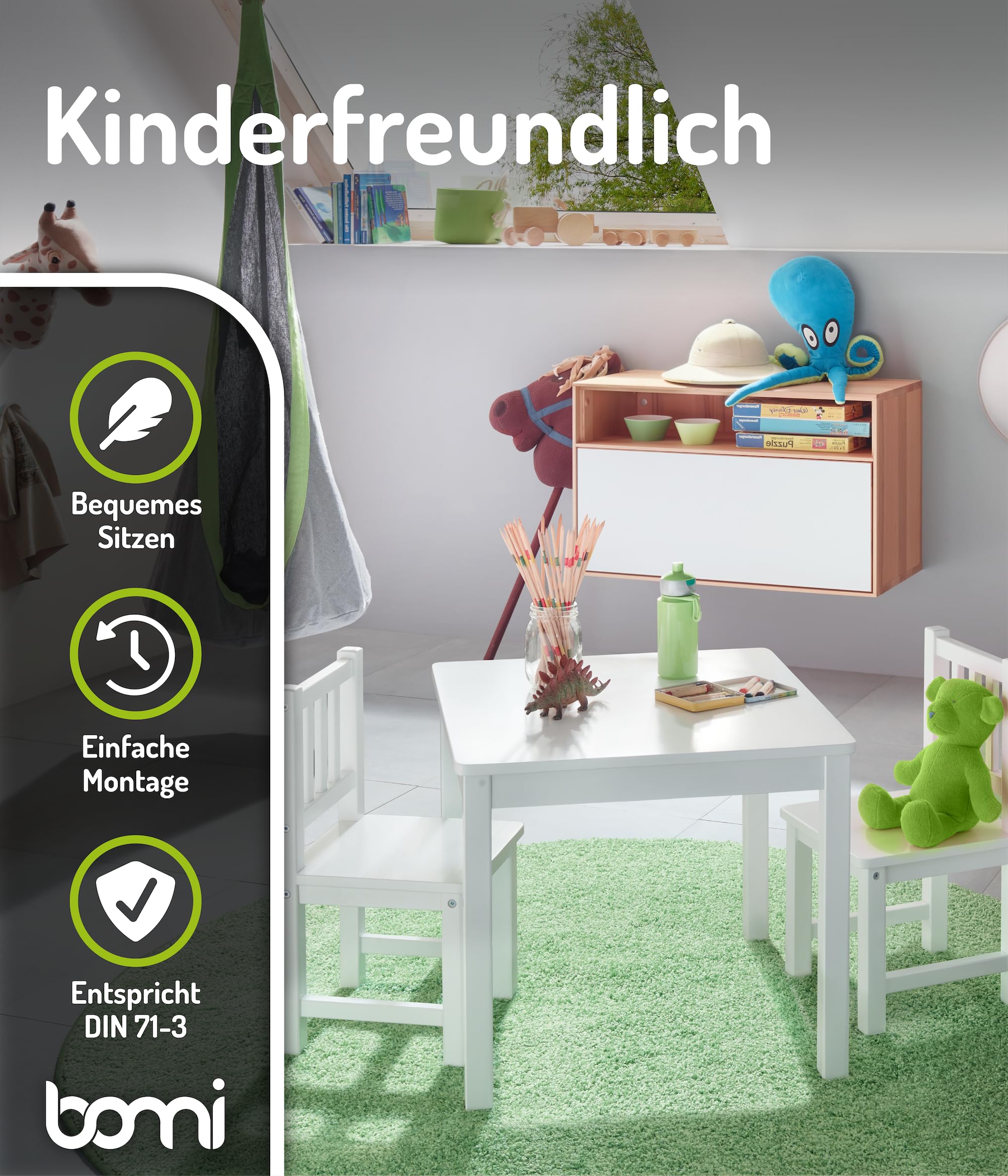 Bomi Spielsitzgruppe 4 Stühlchen Baby mit Tisch | Amy aus FSC nachhaltigem Kiefer Massiv Holz | Kinder Möbel Mädchen und Jungen | Sitzgruppe in Weiss