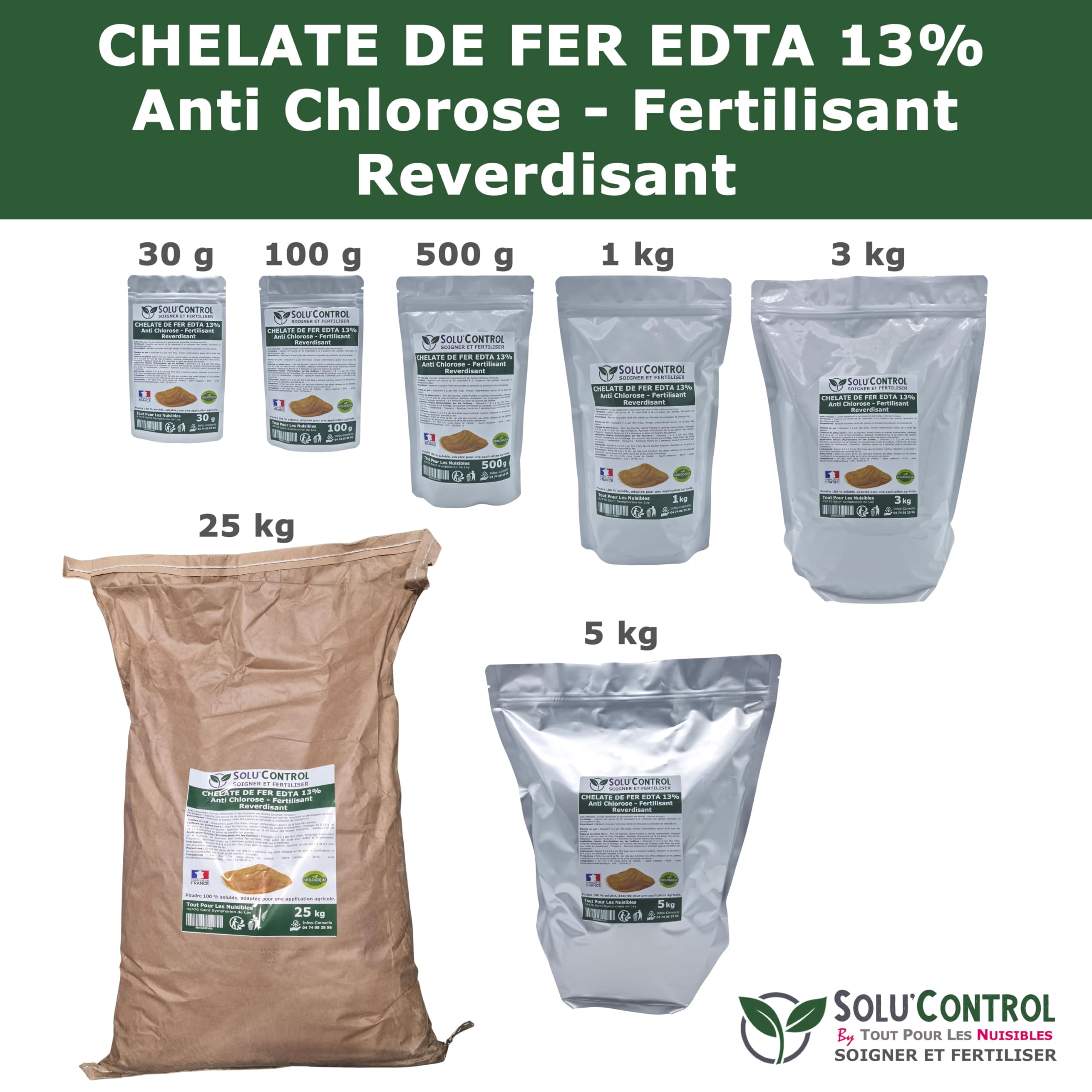 Solu'Control Chélate de Fer EDTA 13%, Anti-chlorose, Fertilisant, Reverdissant, 3 kg