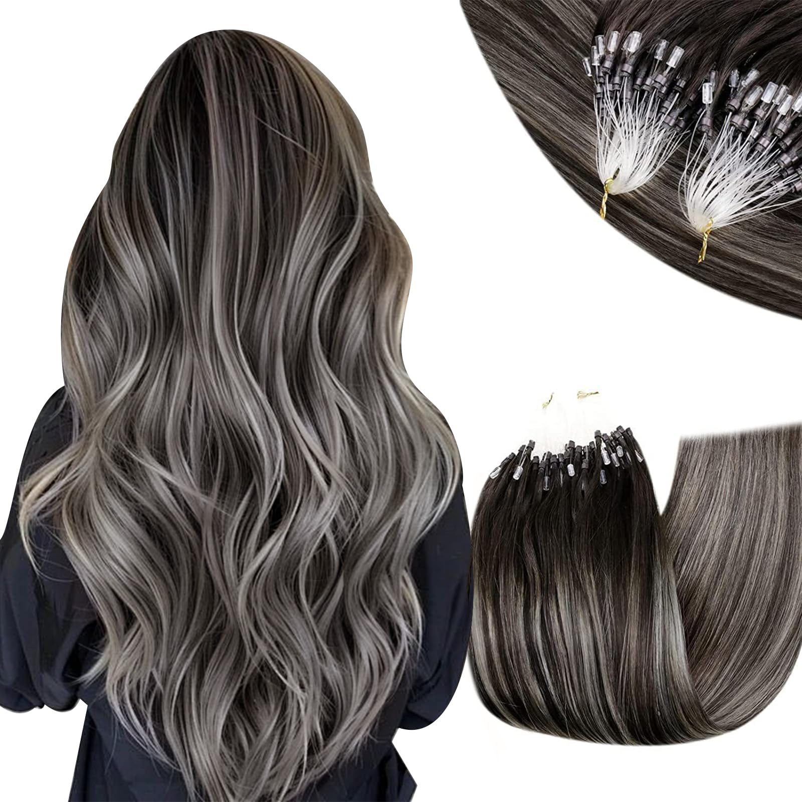 RUNATURE 18 Inch Nano Hair Extensions Real Human Hair Black Balayage Brown Nano Beads Hair Extensions Real Human Hair Ombre Blonde Invisible Straight Remy Nano Rings Hair 50g 50s #1b/4/27 — view 19