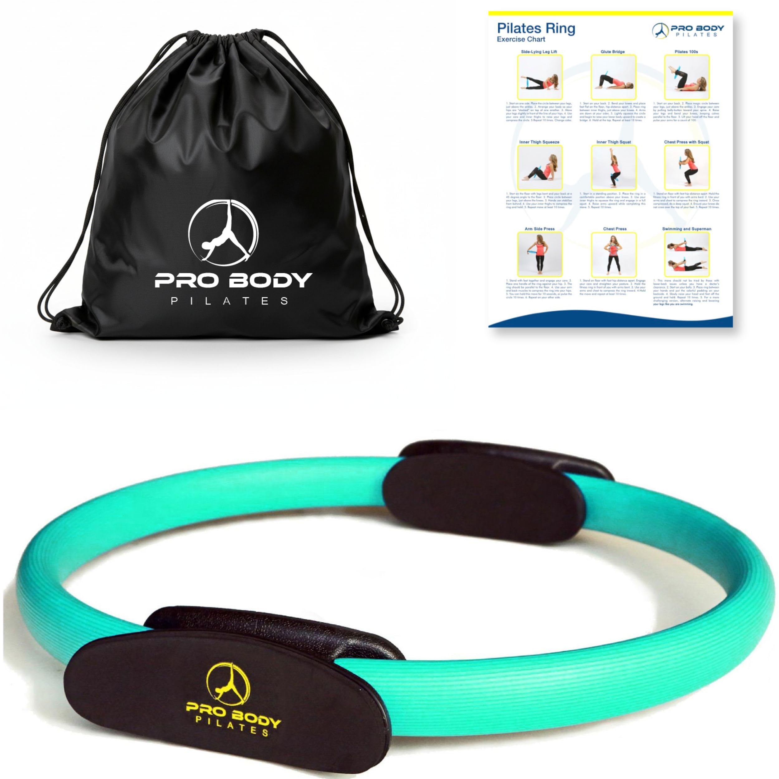 ProBody Pilates Ring Circle - Fitness Magic Circle, Yoga Ring, Inner Thigh Toner, Pilates Equipment for Strength, Flexibilty, Abs, Core and Legs - Includes Workout Bag for at Home Exercise (Aqua)