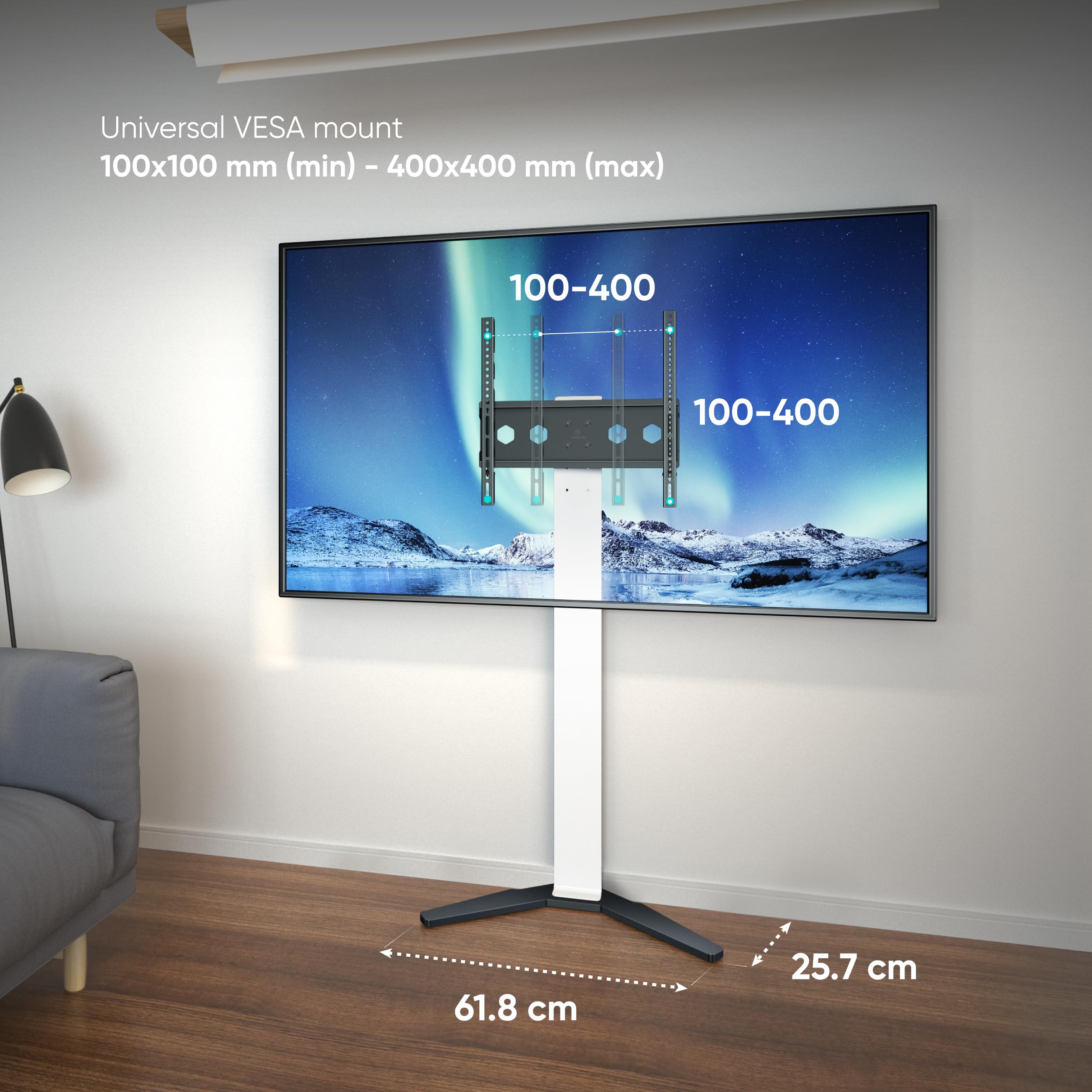 ONKRON Stojak podłogowy na telewizor dla ekranów 26-65 cali do 35 kg - Kompaktowy, regulowany stojak na telewizor max VESA 400x400 - Uniwersalna podstawka/uchwyt na telewizor, biały TS1140-W