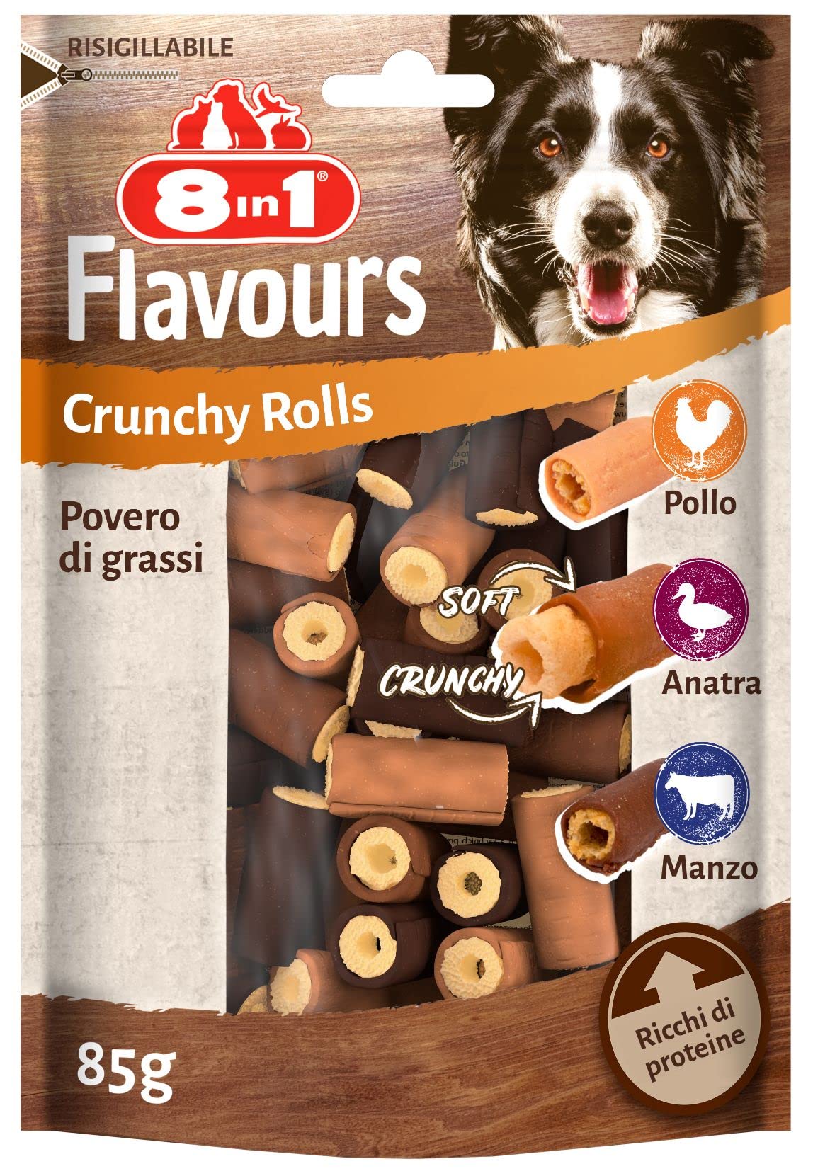 8in1 Flavours Crunchy Rolls - Croccanti snack per cani con petto di pollo, petto d'anatra o manzo, busta da 85 g