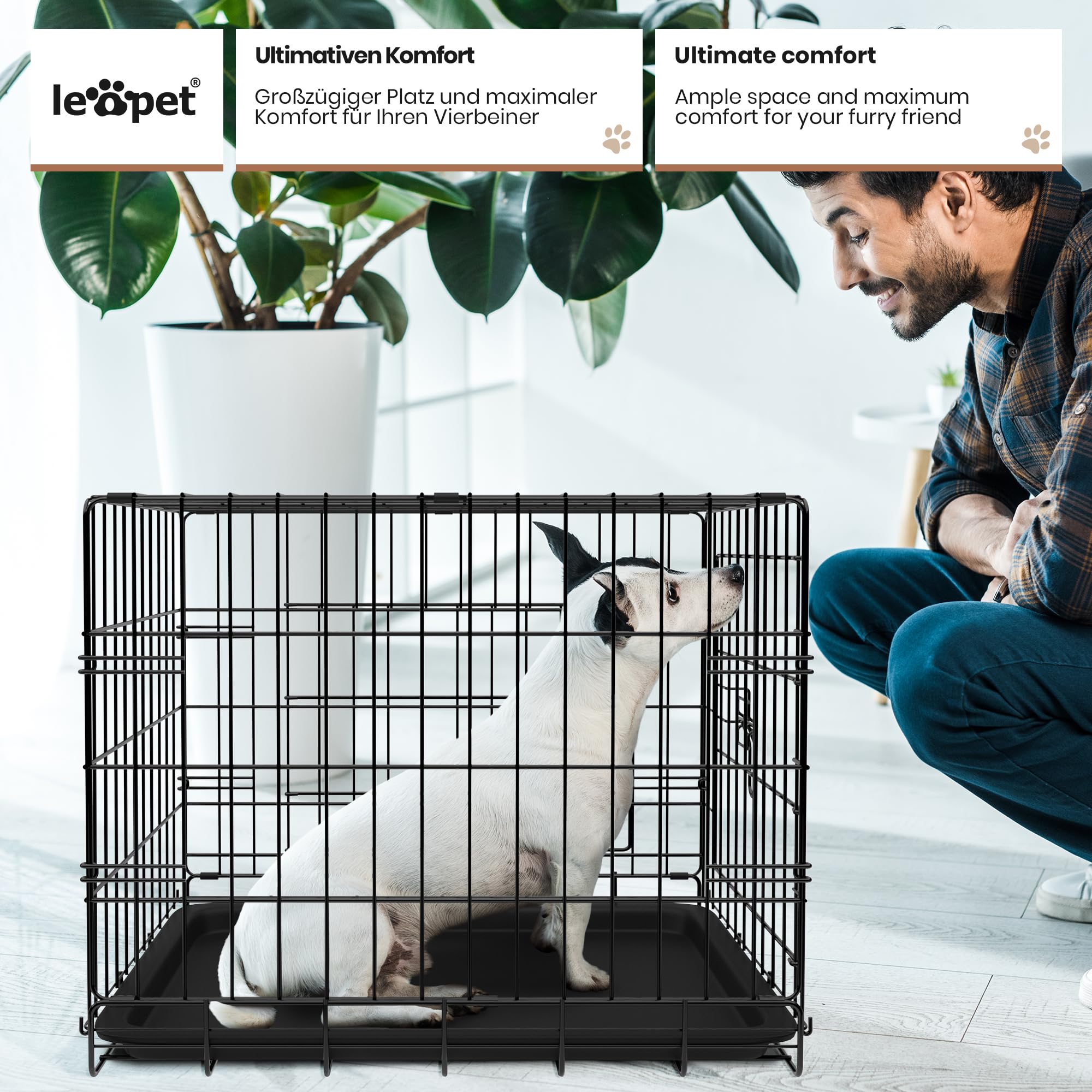 Leopet® Gabbia per Cane - Pieghevole, 2 Porte, in Metallo, Vassoio Rimovibile, Portatile - Trasportino, Scatola, Box da Trasporto, Auto, Macchina per Animali Domestici, Gatti (LxLxA: 91x57x64 cm)