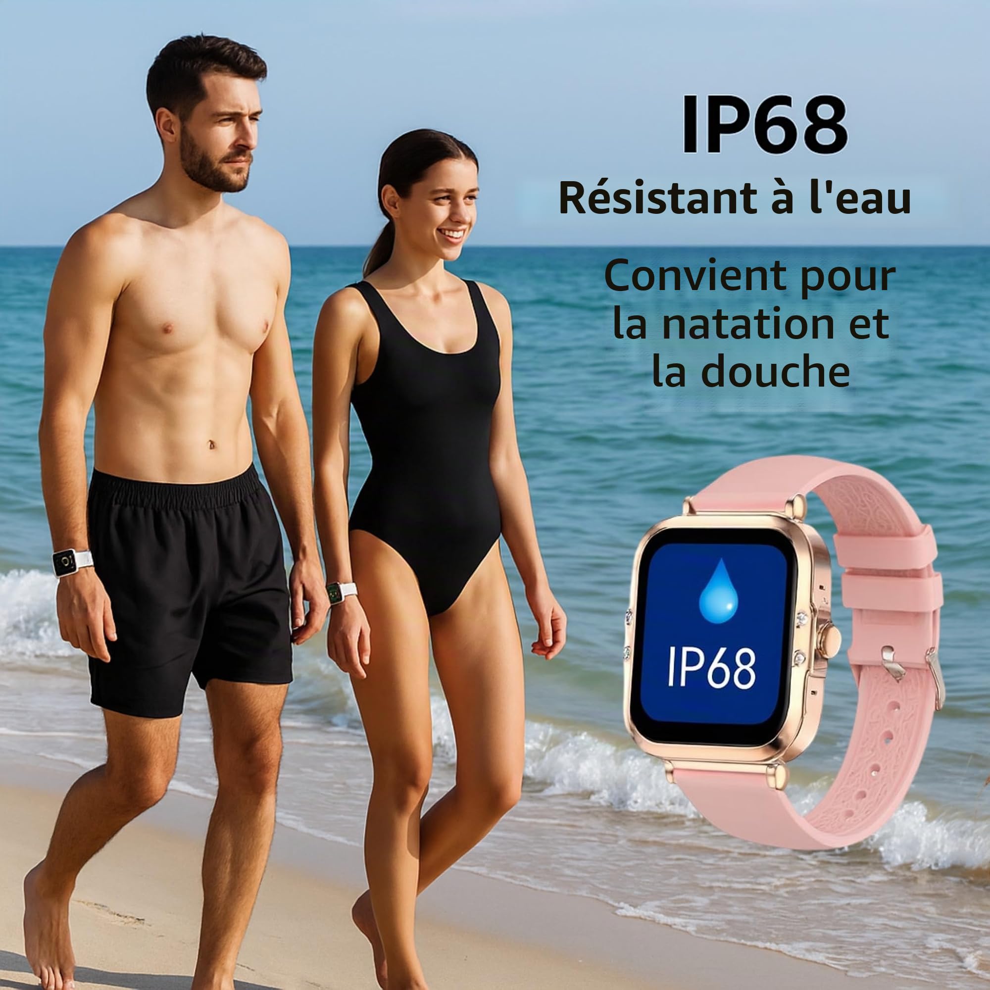 Générique Montre Connectée Femme Doré Élégante AMOLED 1.75" –avec 2 Bracelet Acier/Silicone, Fonction Appels Suivi Santé Complet, Design Luxueux Fleur Dorée - SOS