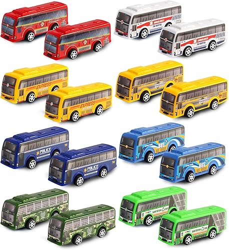 Juego de 16 piezas de vehículos de autobús urbano con tracción trasera, mini autos para niños pequeños, vehículos de carreras impulsados por