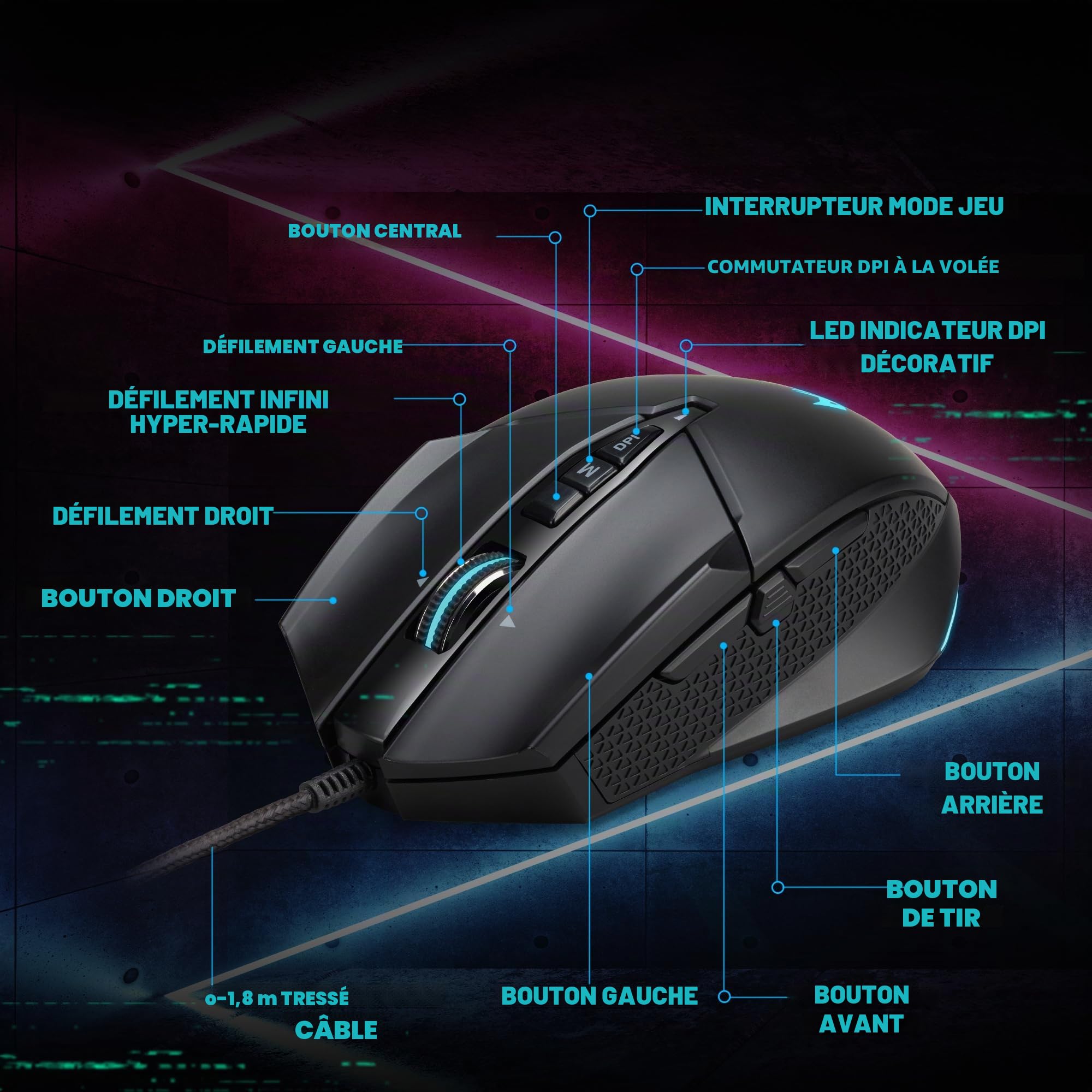 Predator Cestus 335, Souris Gaming Jusqu’à 19000 DPI, 5 Niveaux DPI, 10 Boutons Programmables Avec Buster Fire, IPS 400, Capteur Pixart 3370, Défilement Infini, Souris USB, Noir