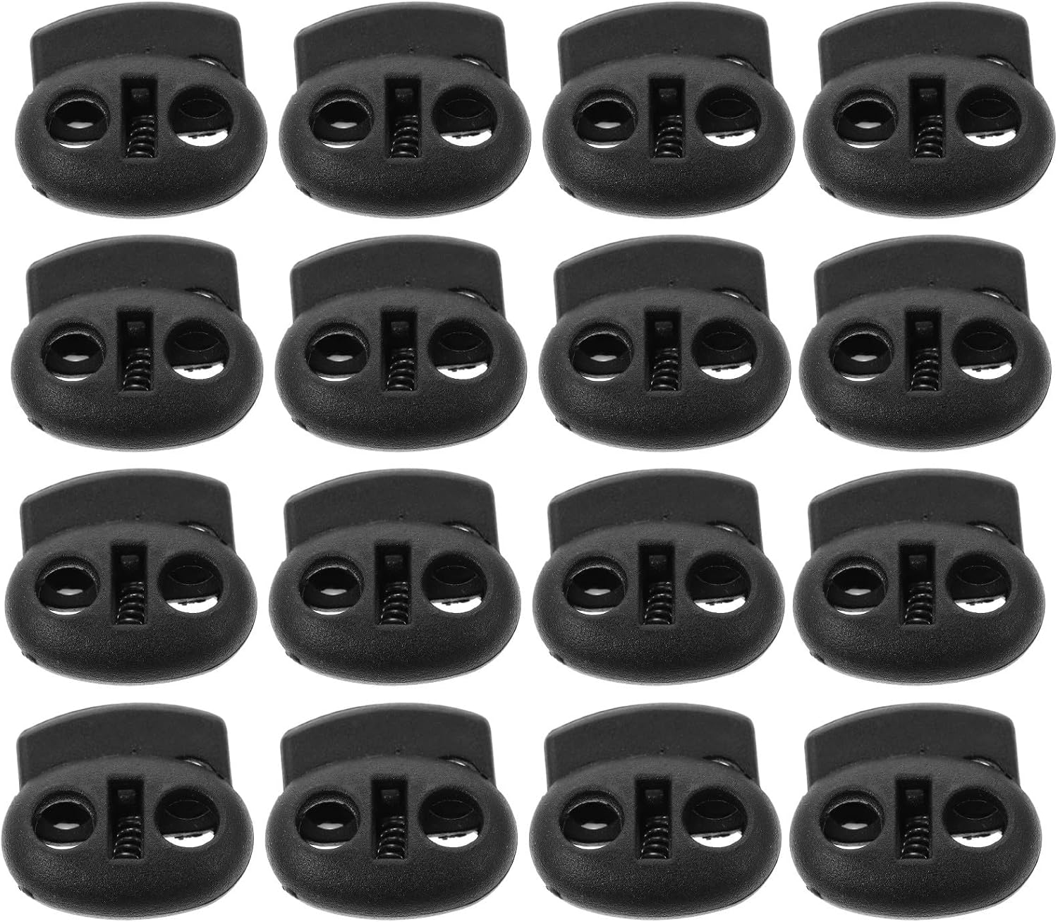 SHINEOFI 200pcs Black Spring Cord Locks Double Hole Fastener Toggles for Drawstrings Adjustable Bungee Rope Cord Stopper Replacement DIY Sewing Crafts