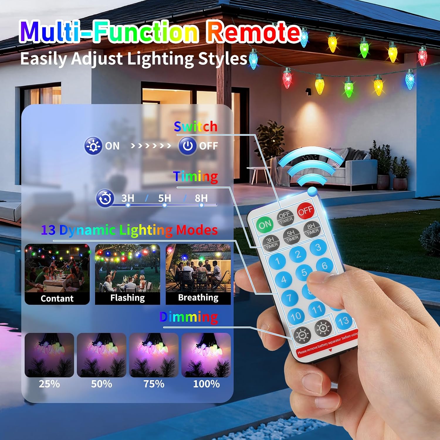 Solar Christmas Lights Outdoor, 50 LED C9 Strawberry String Lights with Timer & 13 Light Mode, Waterproof Solar Christmas Tree Lights for Garden Patio Party Christmas Decoration, Multicolor
