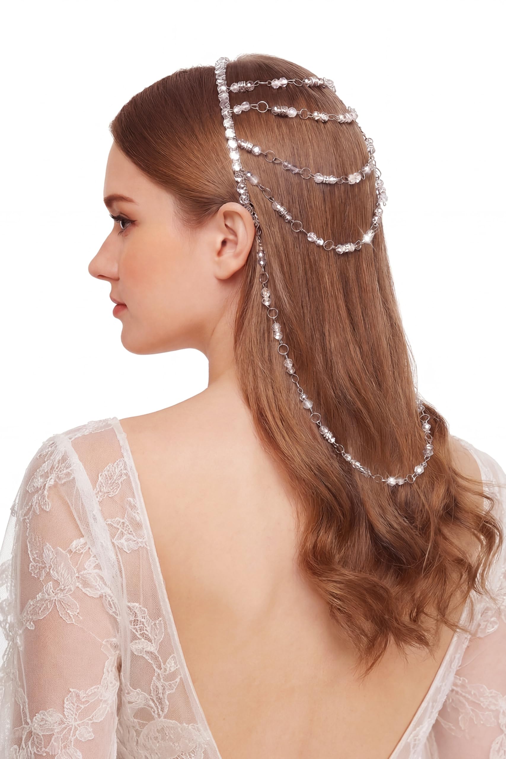 BABEYOND Cappello vintage anni '20 con perline – Accessorio per capelli con catena di cristallo, accessorio per capelli bohémien per occasioni speciali (argento)