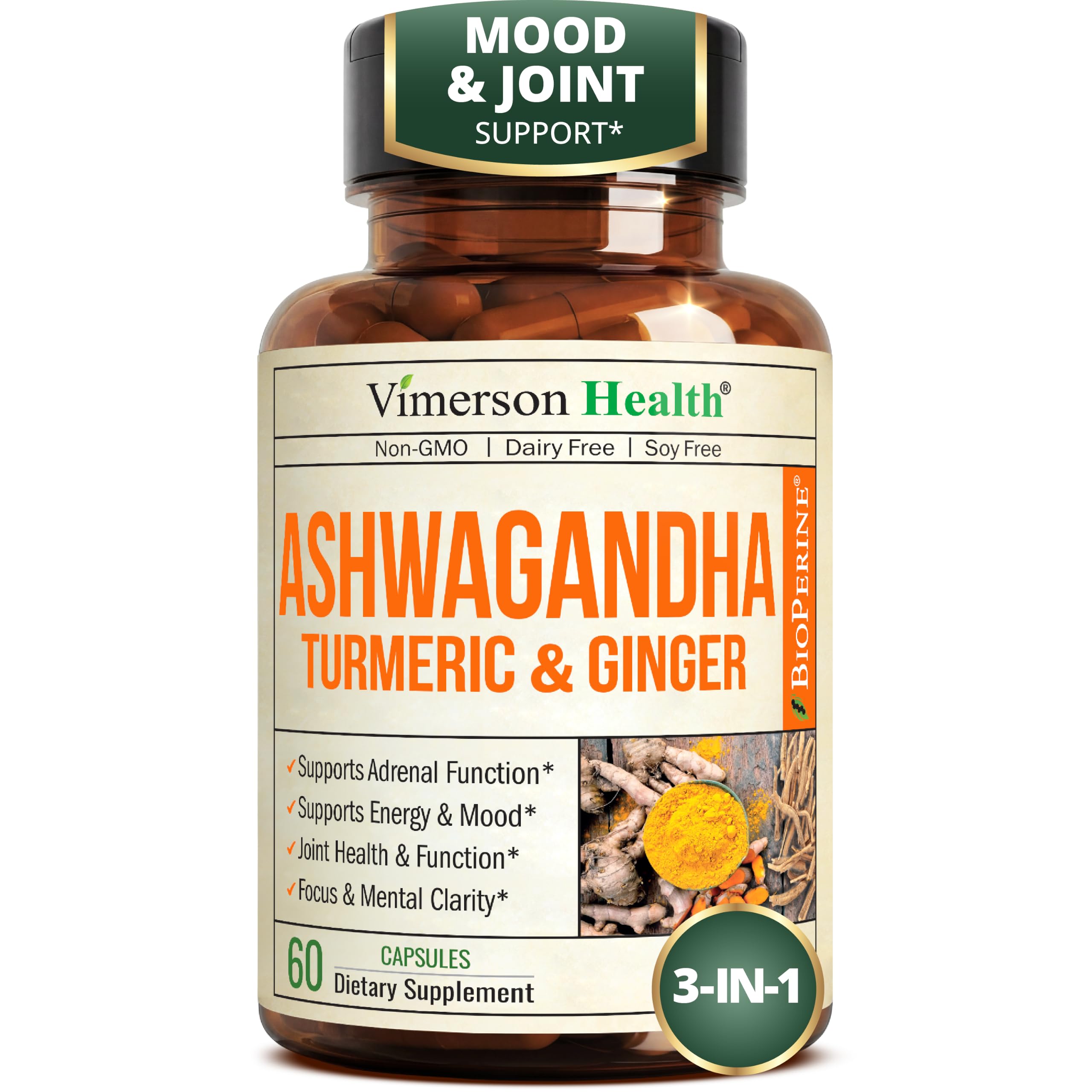 Ashwagandha Capsules with Turmeric & Ginger for Energy, Mood & Joints 60 Ct